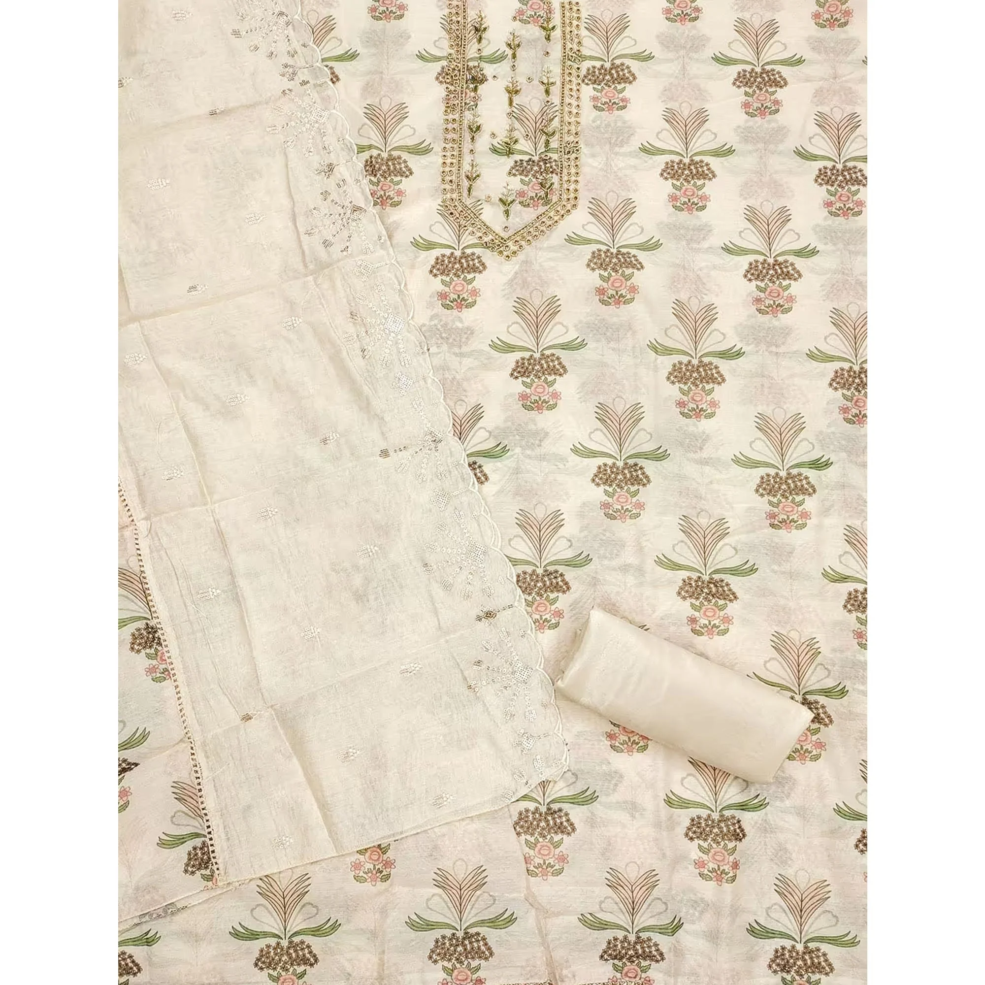 Cream Modal Chanderi Silk Unstitched Suit Material Showcasing Jaipuri Inspired Floral Designs - Image 4