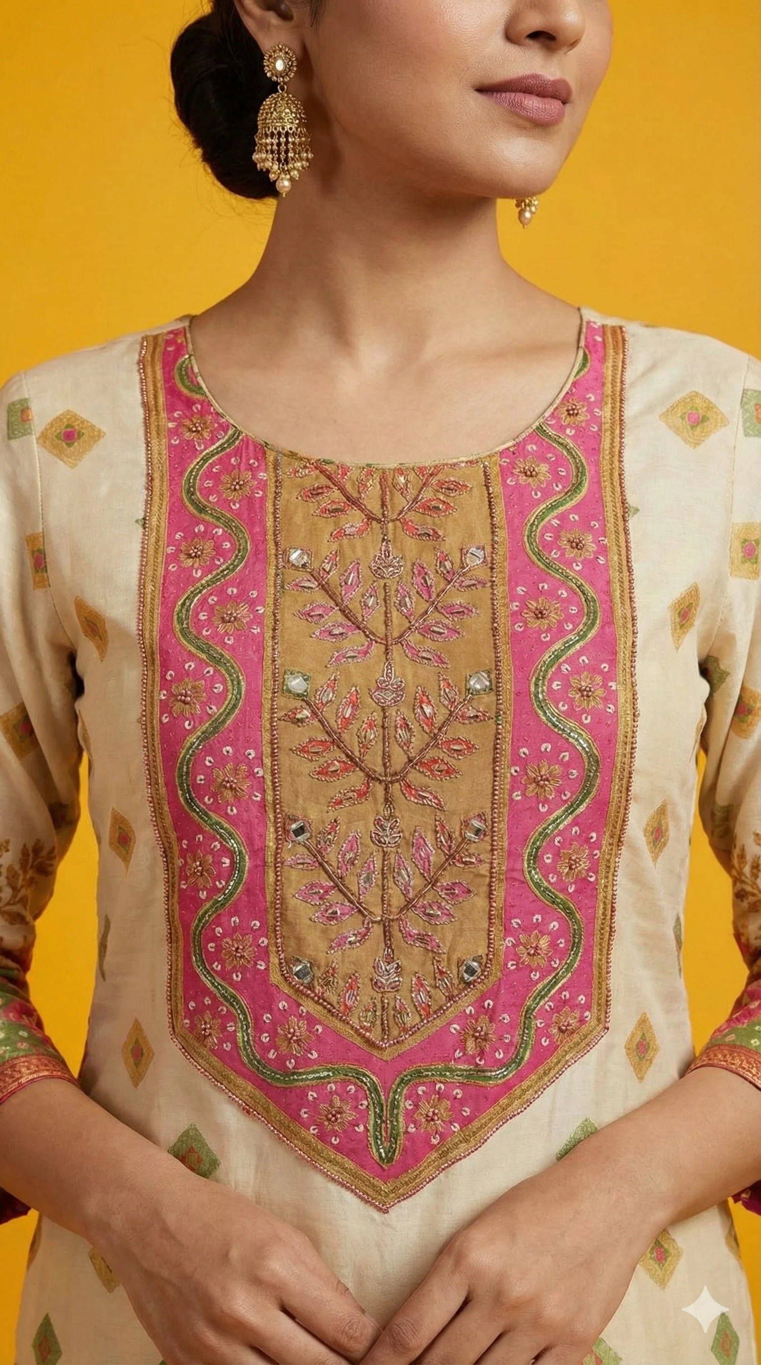 Cream Muslin Straight Cut Suit with Traditional Bandhani Style Print and Elegant Handwork Finish - Image 2