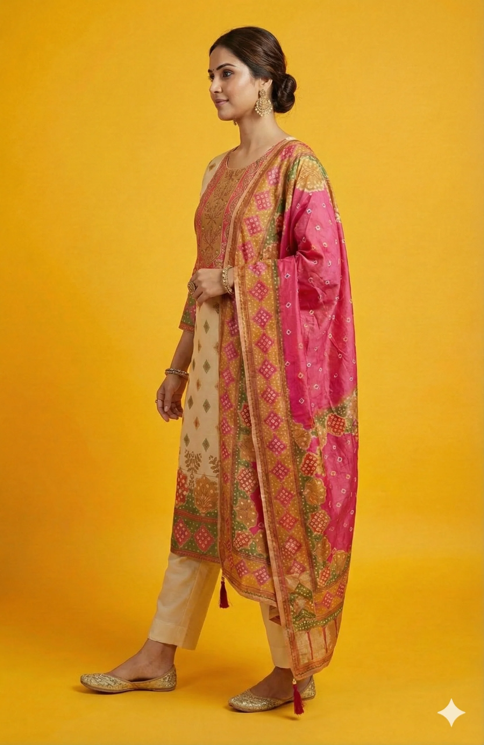 Cream Muslin Straight Cut Suit with Traditional Bandhani Style Print and Elegant Handwork Finish - Image 4