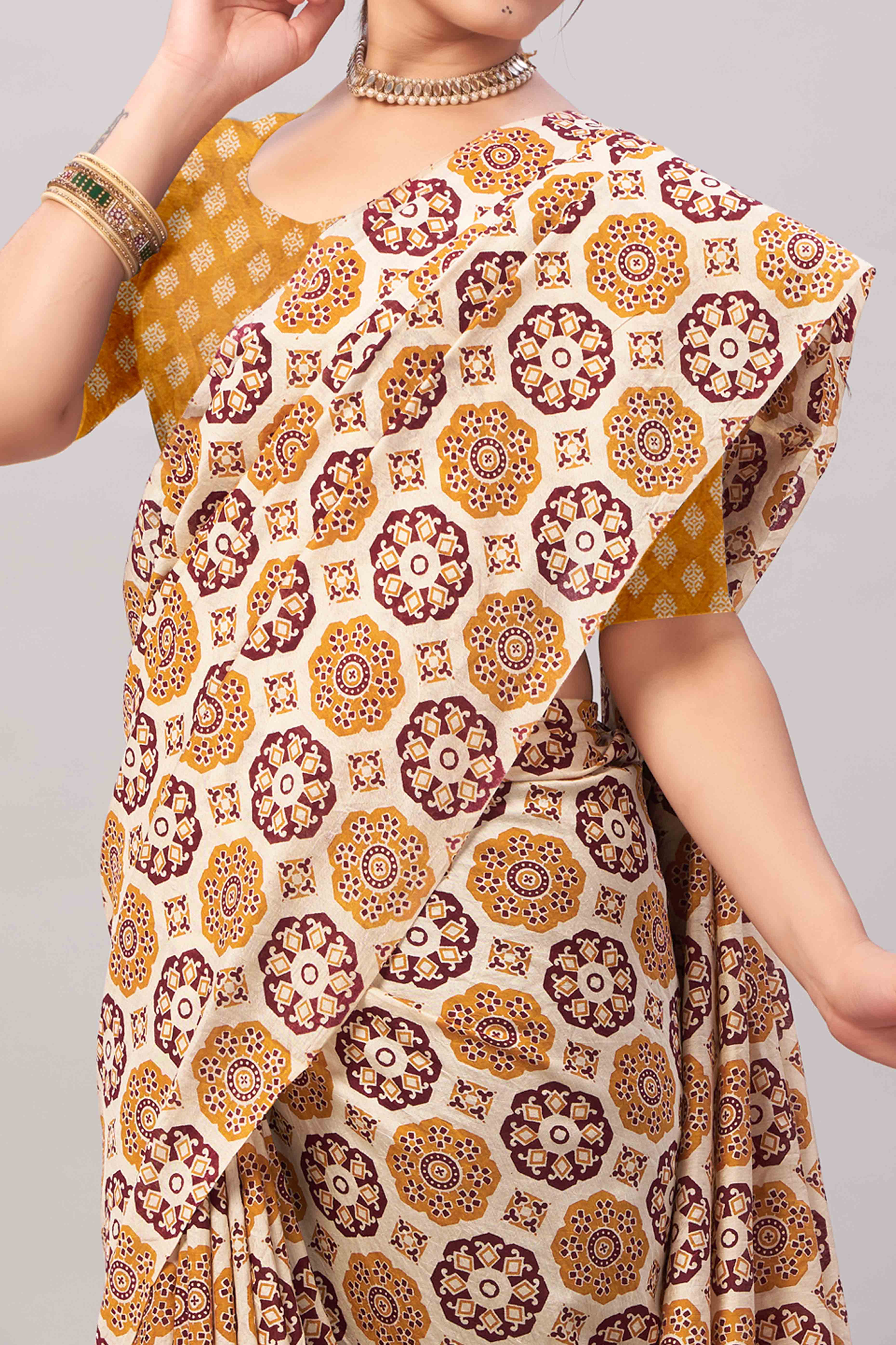 Cream & Mustard Ajrakh Printed Cotton Blend Saree - Image 2