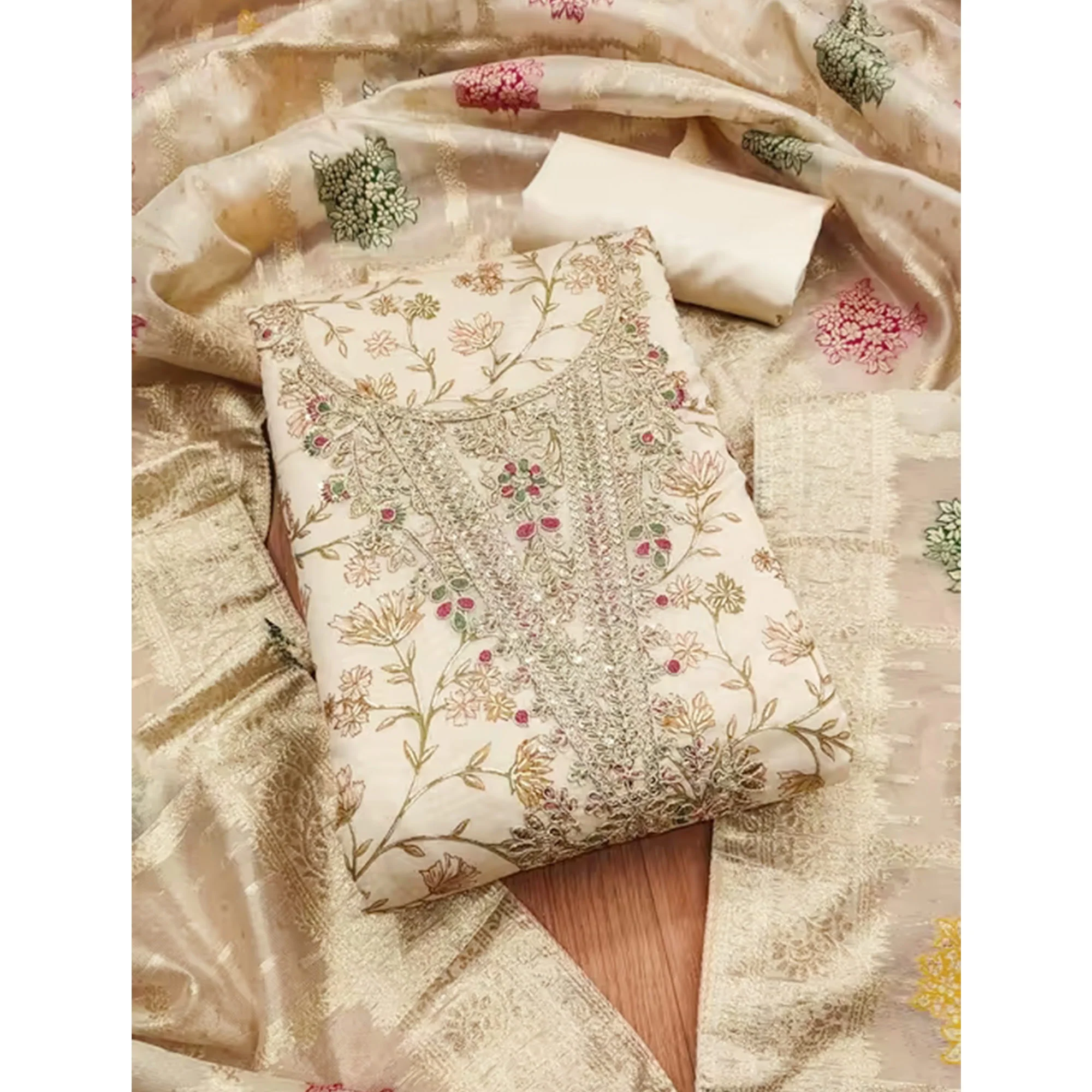 Cream & Mustard Floral Printed Chanderi Silk Dress Material Adorned with Fine Embroidered Work - Image 3