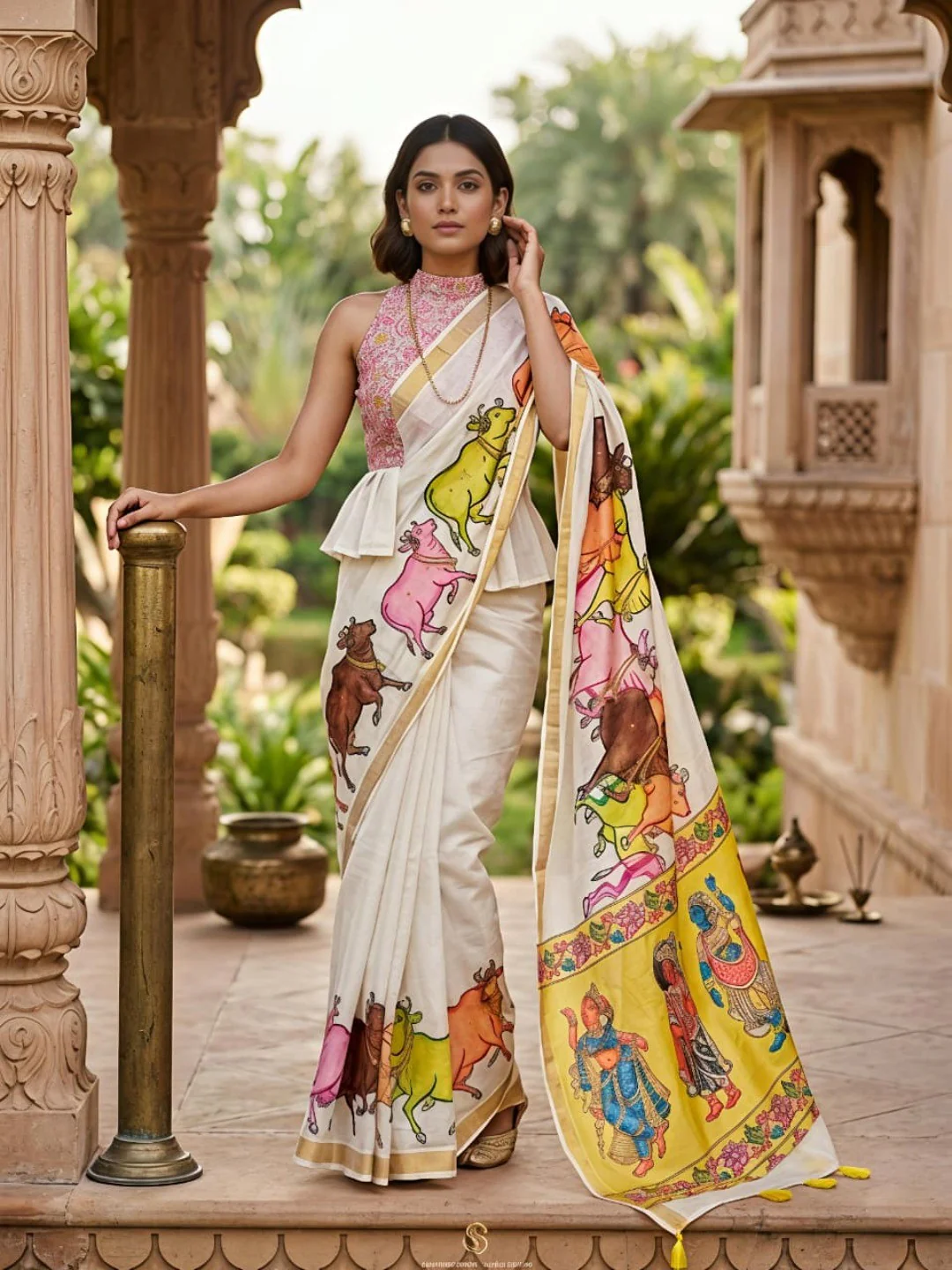Cream Linen with Vibrant Hand-Painted Folk Art Motifs