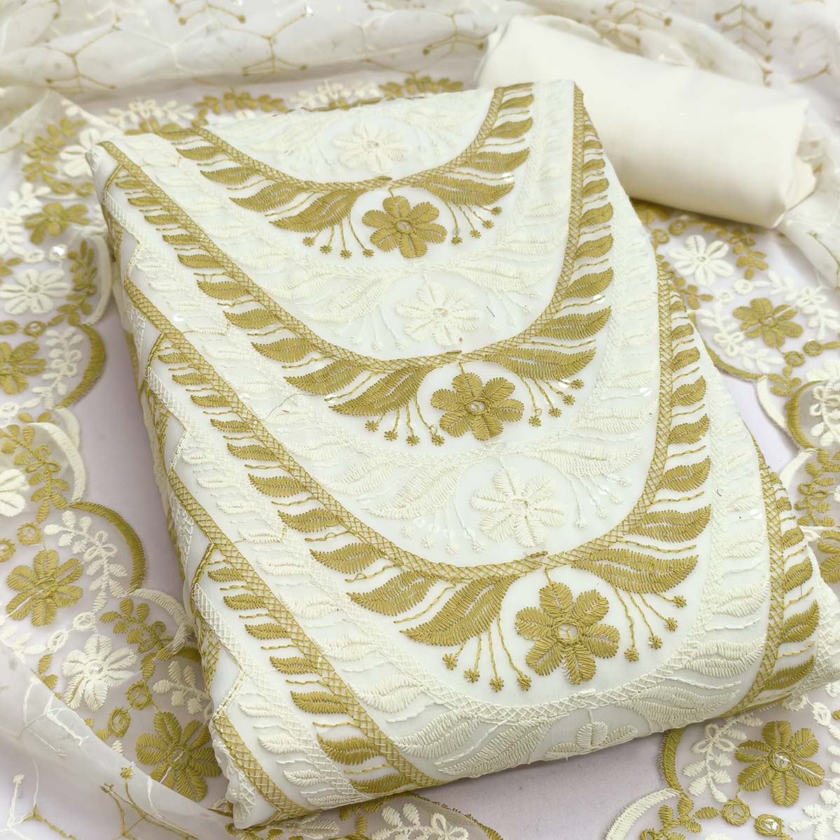 Cream & Olive Heavy Embroidered Georgette Dress Material Enhanced with Floral Resham Dupatta - Image 2