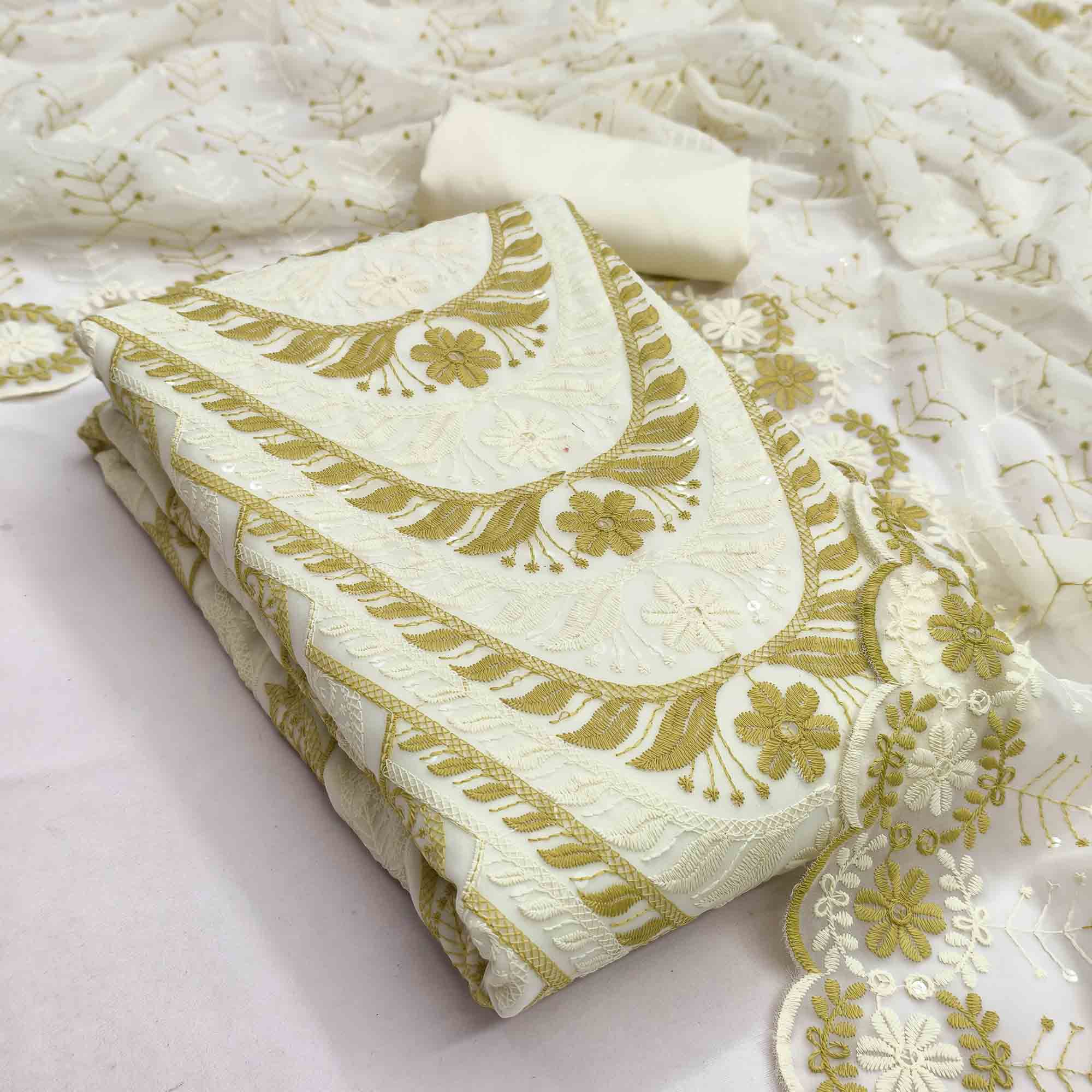 Cream & Olive Heavy Embroidered Georgette Dress Material Enhanced with Floral Resham Dupatta - Image 3