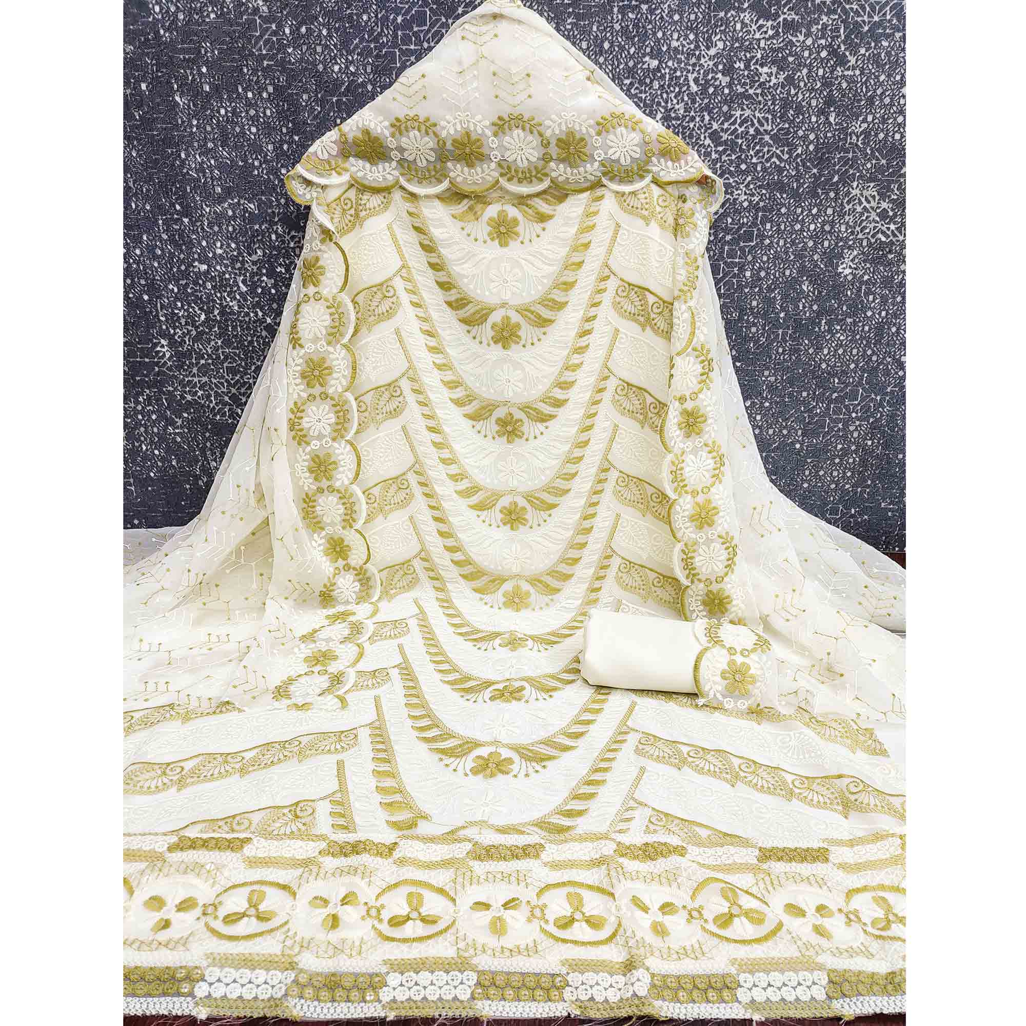 Cream & Olive Heavy Embroidered Georgette Dress Material Enhanced with Floral Resham Dupatta - Image 4