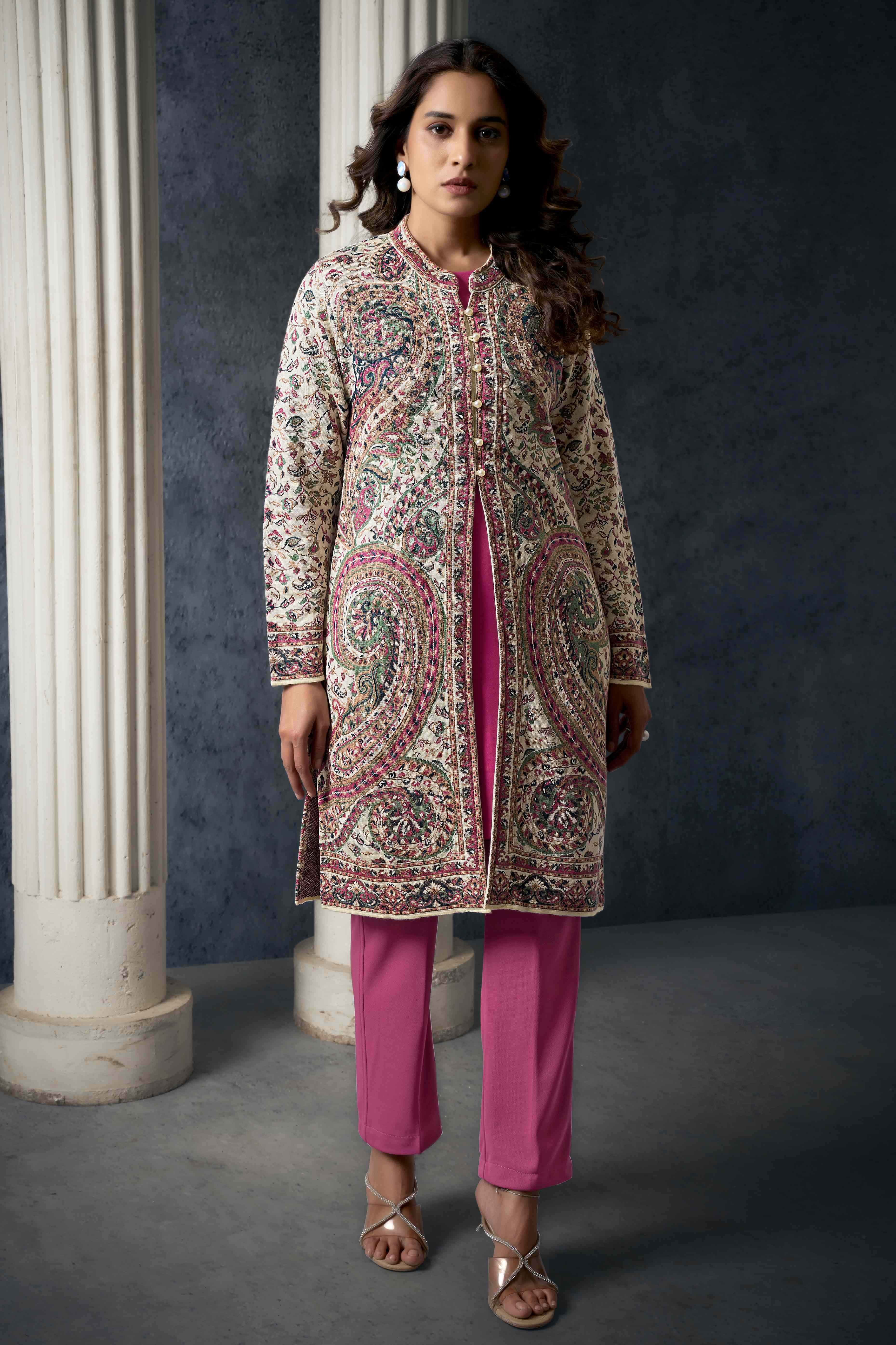 Cream Paisley Weaving Woolen Front Slit Top Bottom Set with Jacket - Image 3