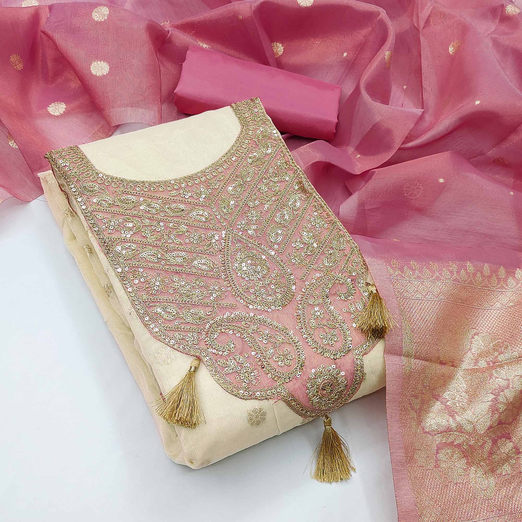 Cream & Pink Butti Weaving Shimmer Silk Dress Material Accented With Sequins Cording Embroidery - Image 3