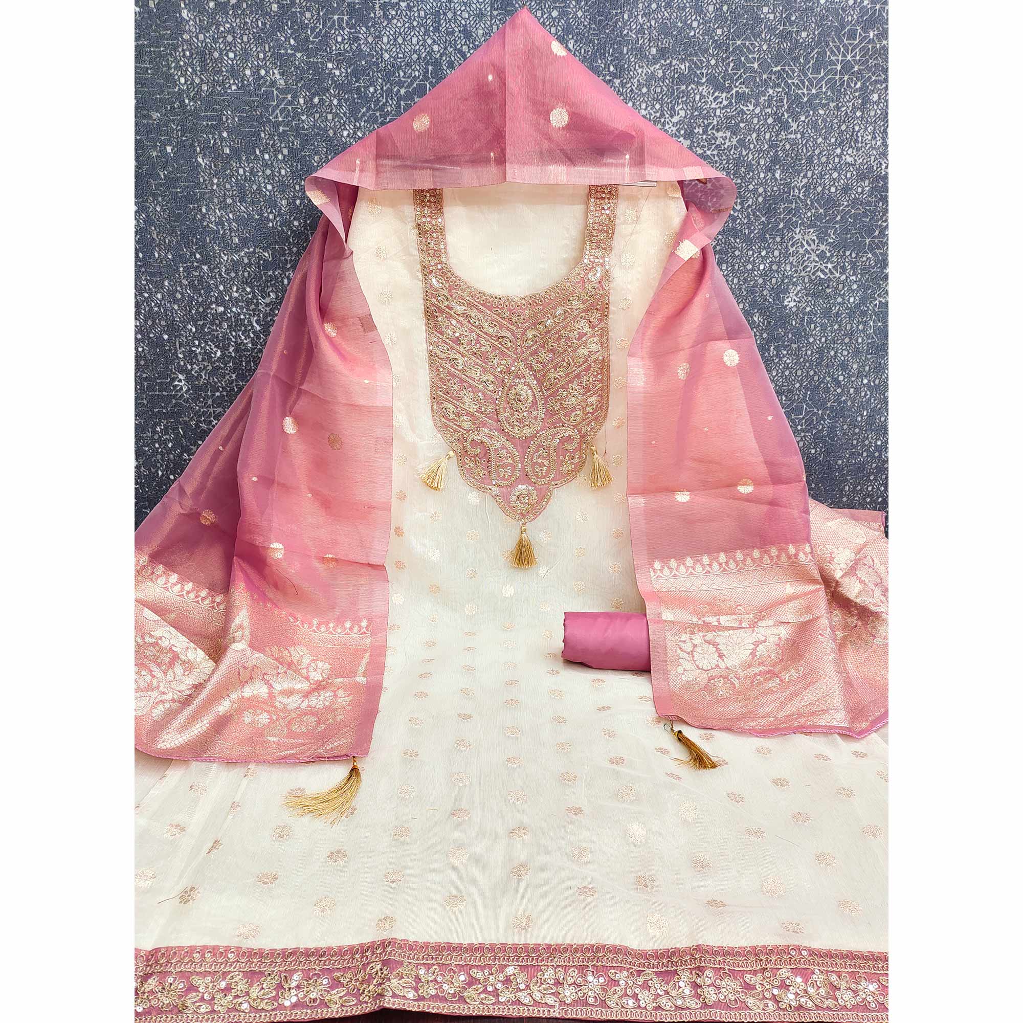 Cream & Pink Butti Weaving Shimmer Silk Dress Material Accented With Sequins Cording Embroidery - Image 4