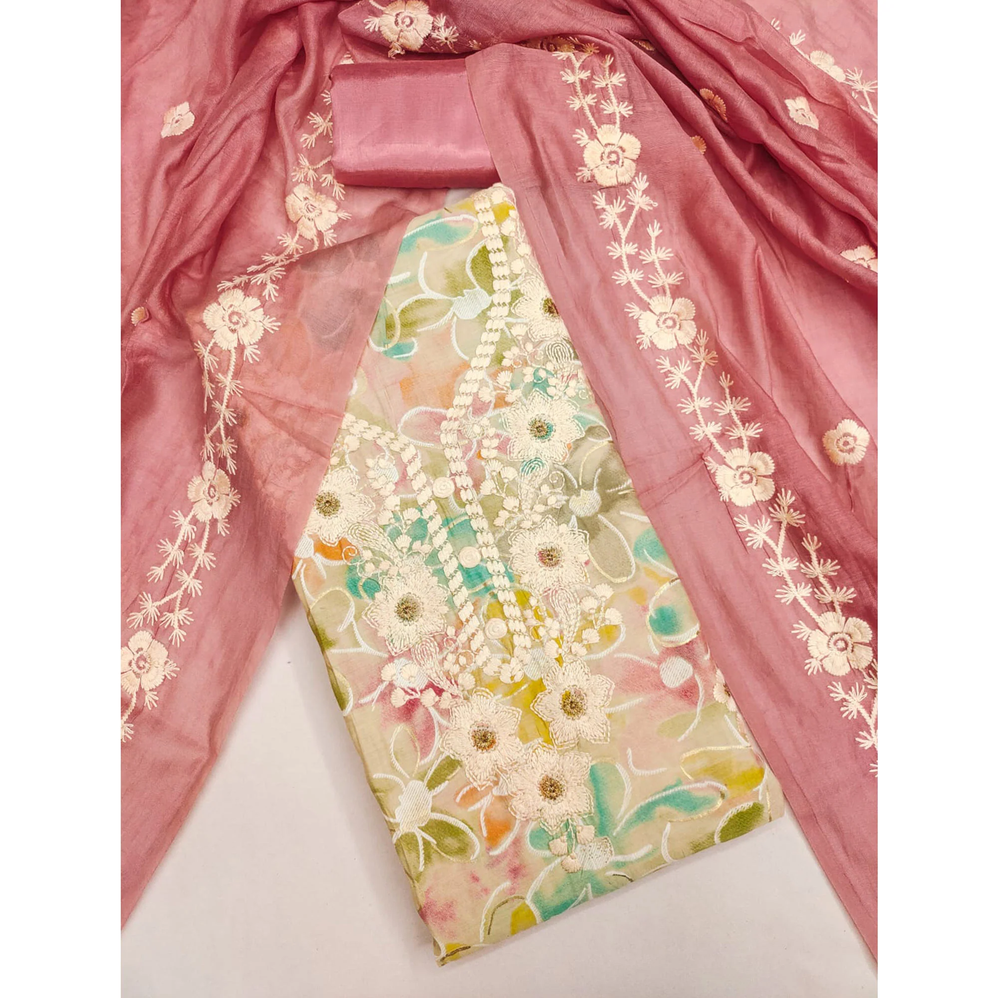 Cream & Pink Floral Printed Chanderi Silk Dress Material Adorned with Embroidery - Image 3