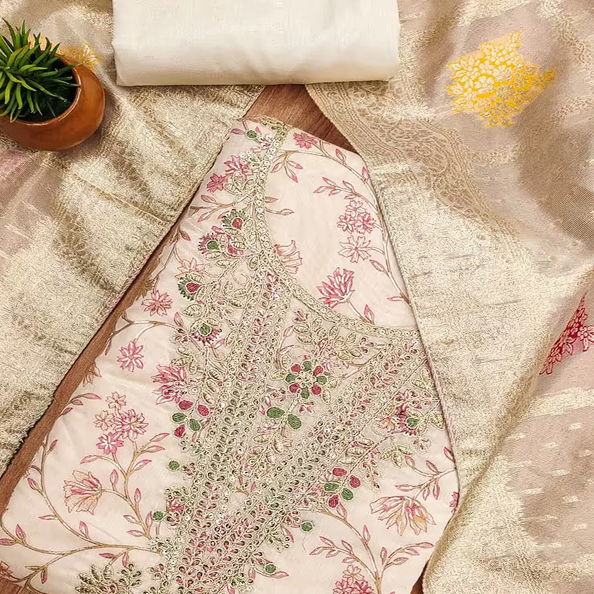 Cream & Pink Floral Printed Chanderi Silk Dress Material Adorned with Fine Embroidered Work - Image 2