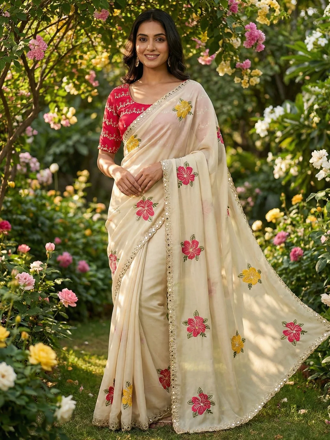 Cream & Pink Floral Thread Work Saree Viscose Beautiful Mirror Border Festive Glamour