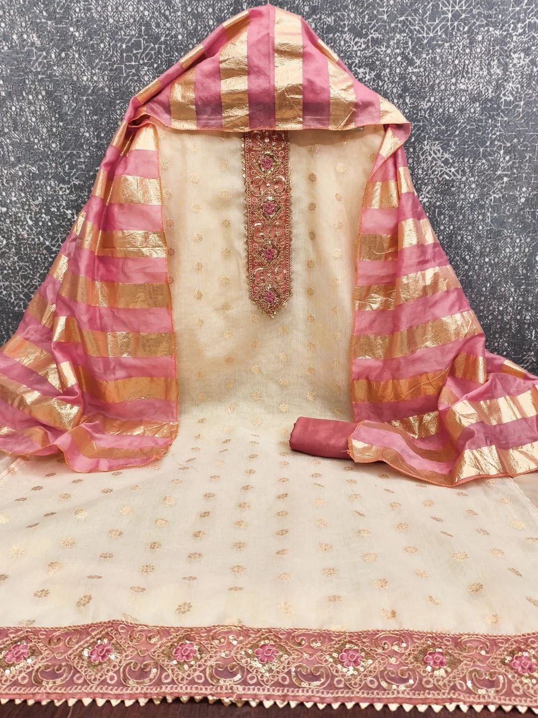 Cream & Pink Floral Weaving Shimmer Dress Material Adorned With Elegant Sequins Embroidery - Image 2