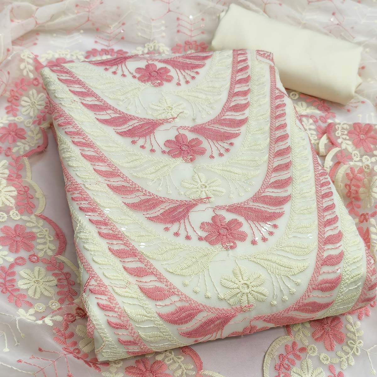 Cream & Pink Heavy Embroidered Georgette Dress Material Enhanced with Floral Resham Dupatta - Image 2