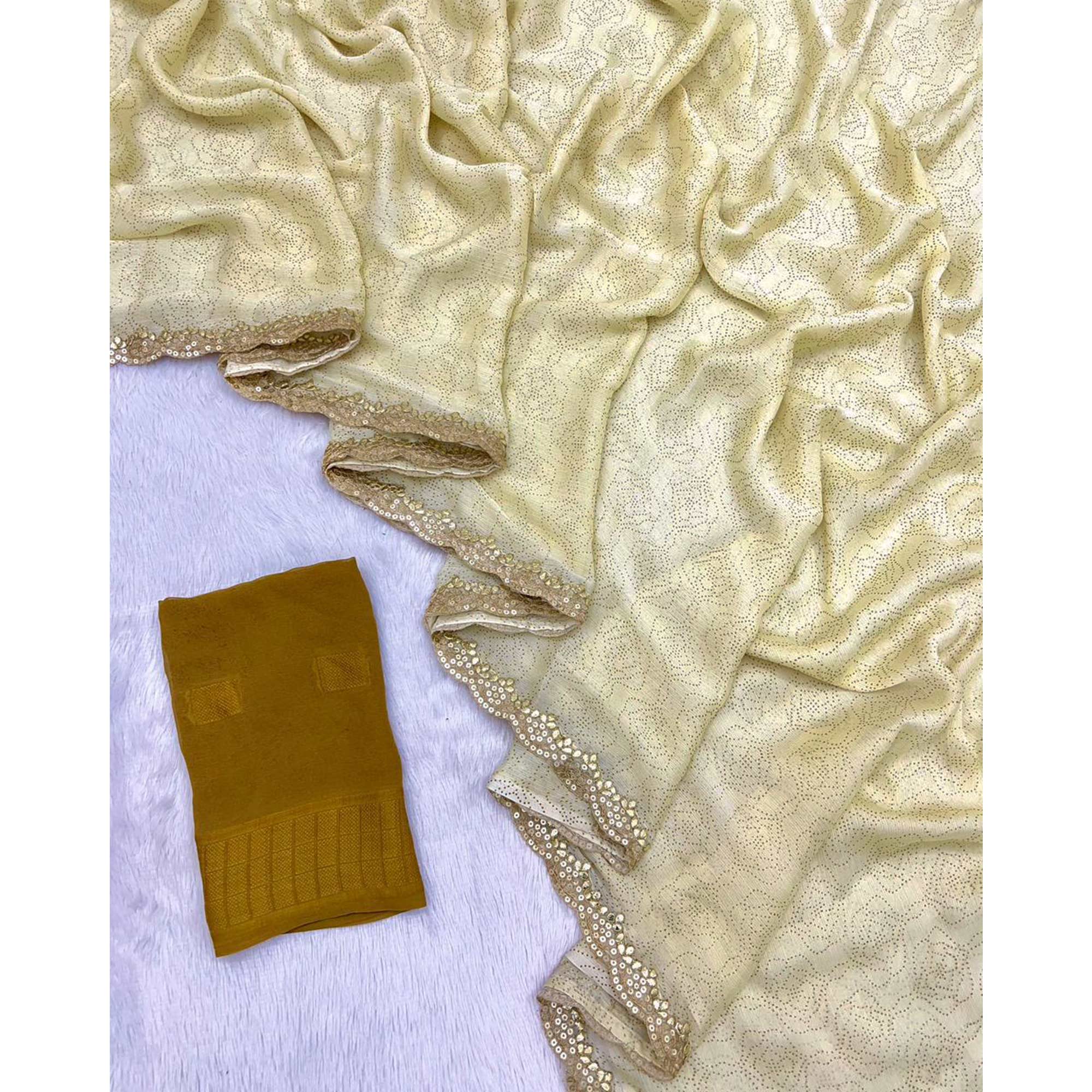Cream Printed Chiffon Saree With Sequins Embroidered Border - Image 3