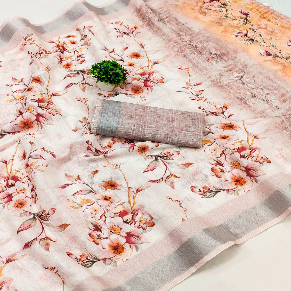 Cream Printed Linen Saree - Image 2