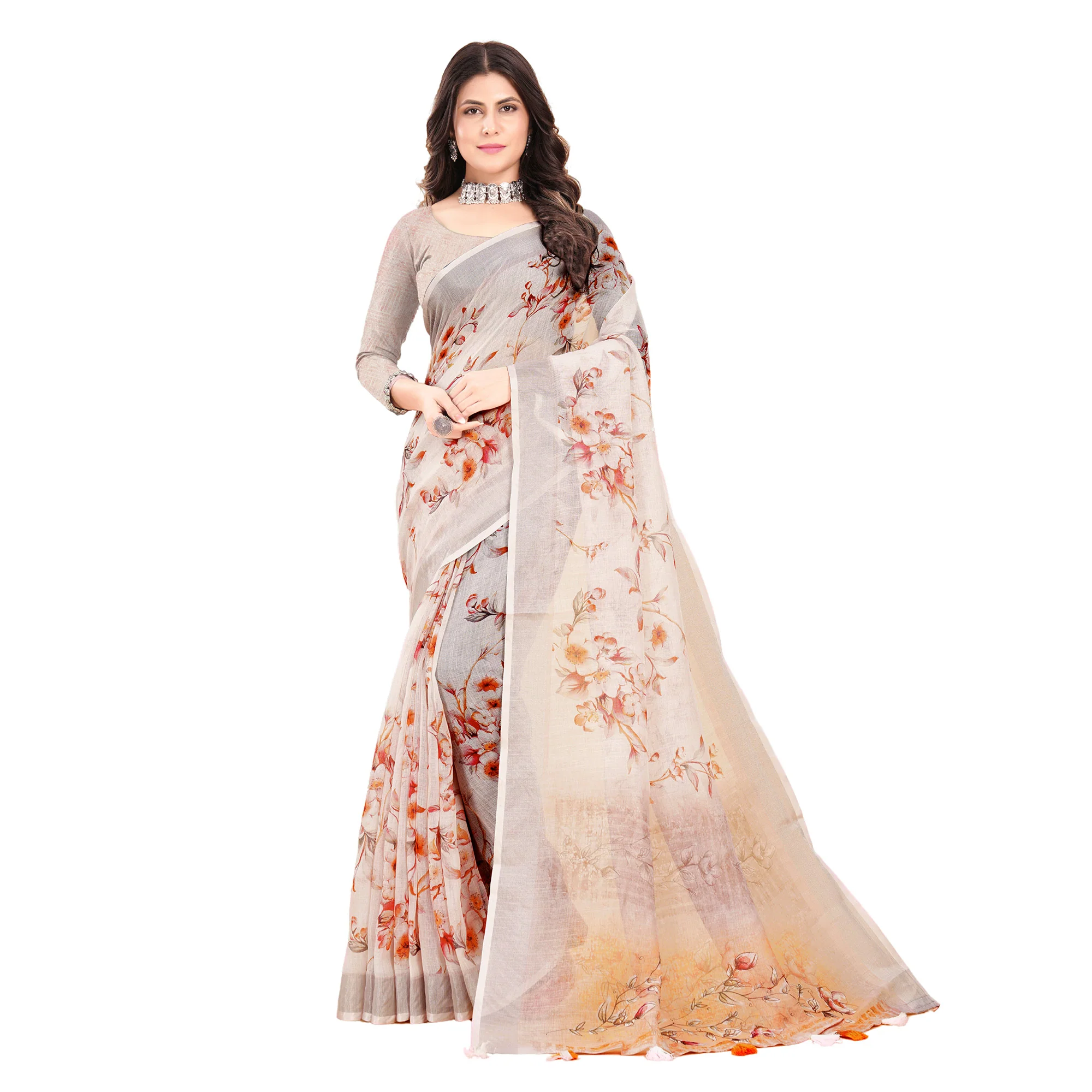 Cream Printed Linen Saree - Image 3