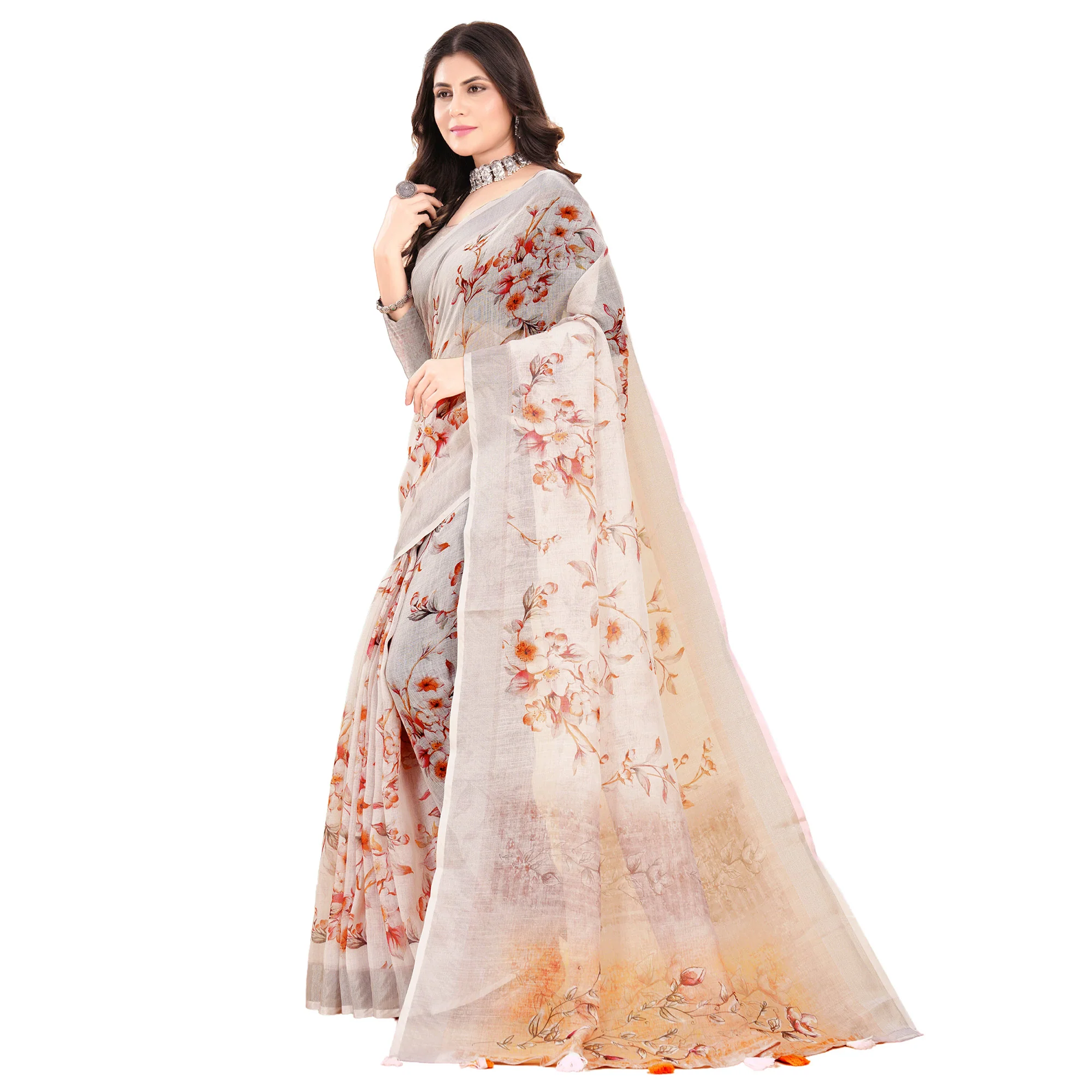 Cream Printed Linen Saree - Image 4