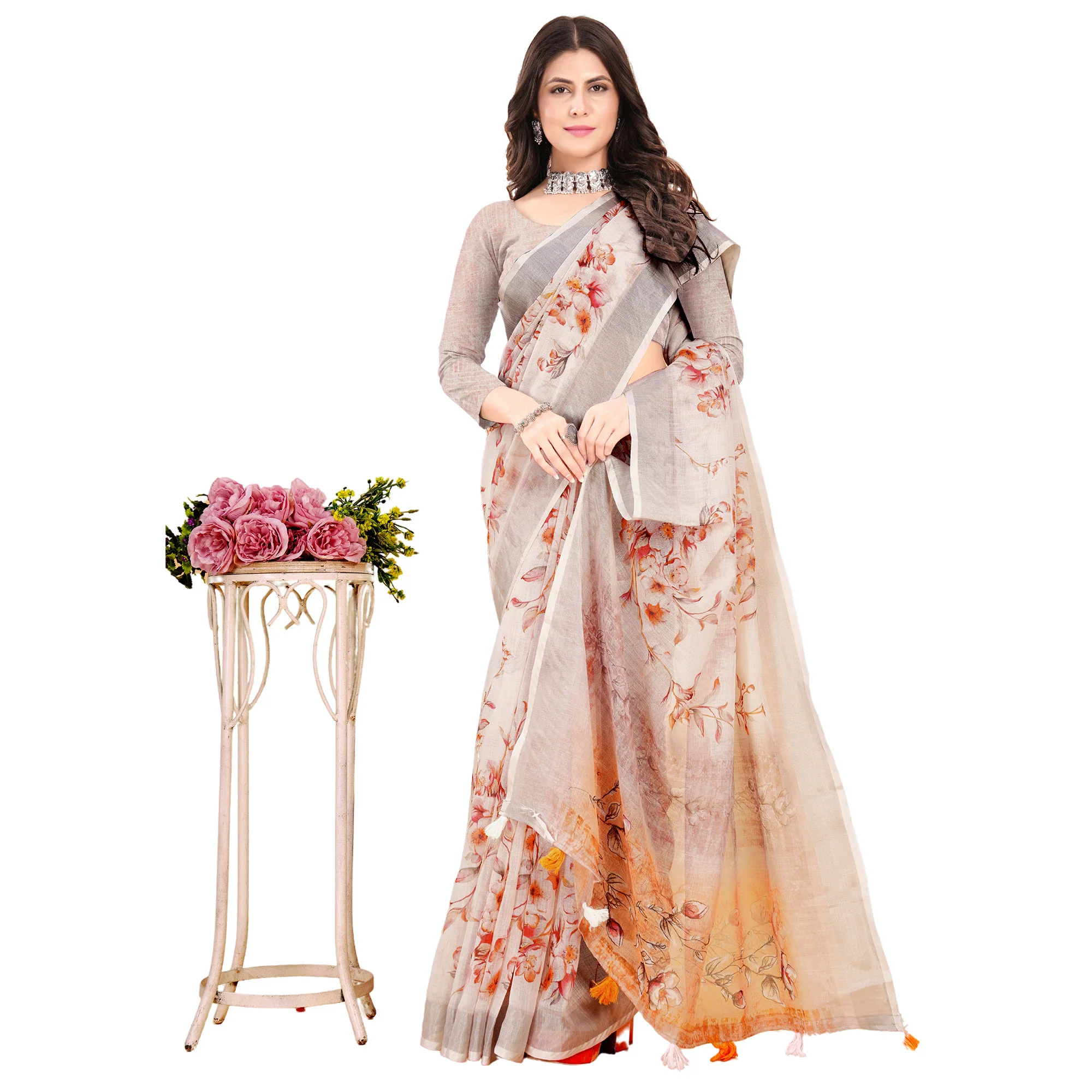 Cream Printed Linen Saree - Image 5