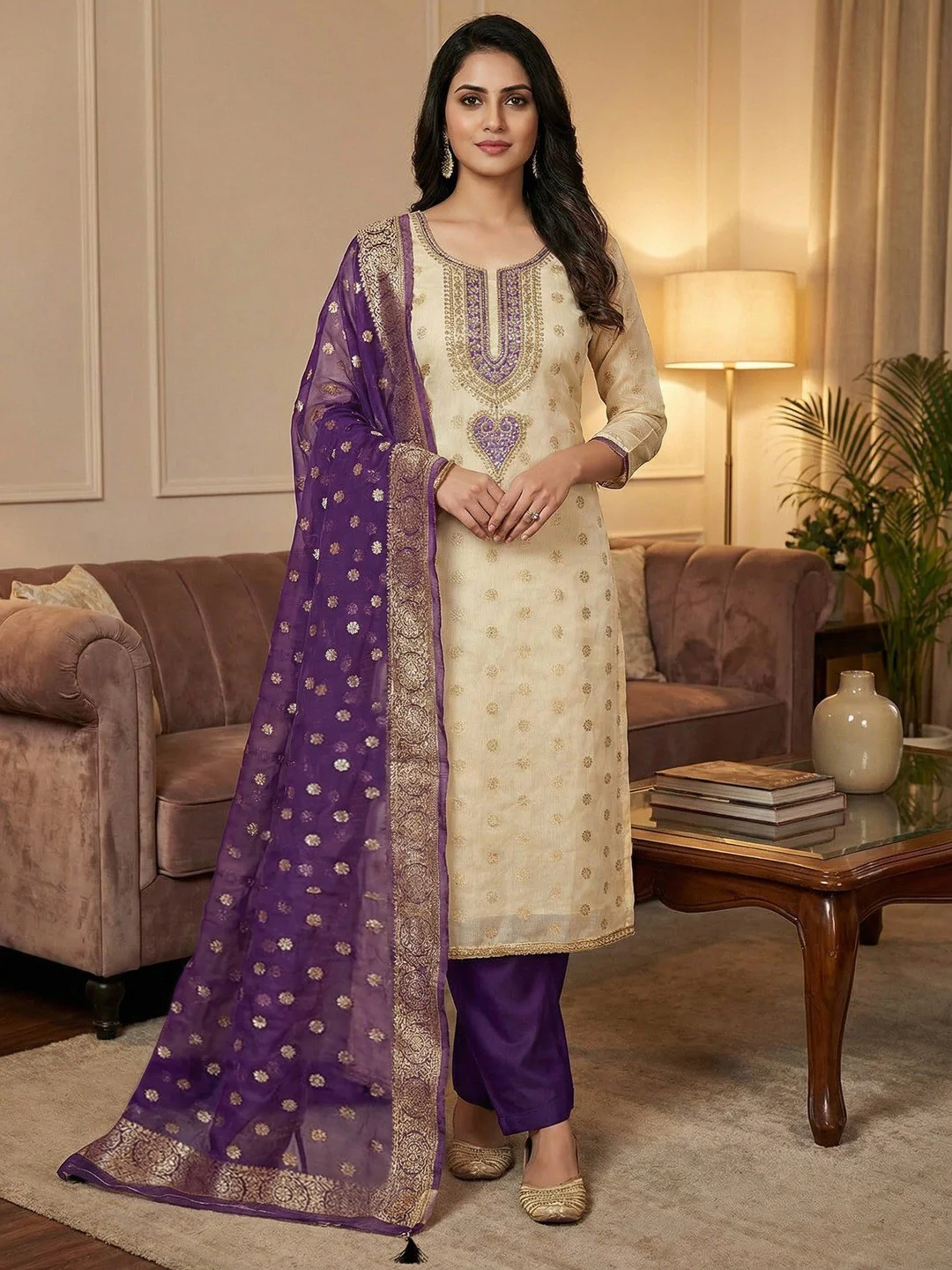 Cream & Purple Butti Weaving Shimmer Dress Material With Elegant Cording Embroidery Work On Neck