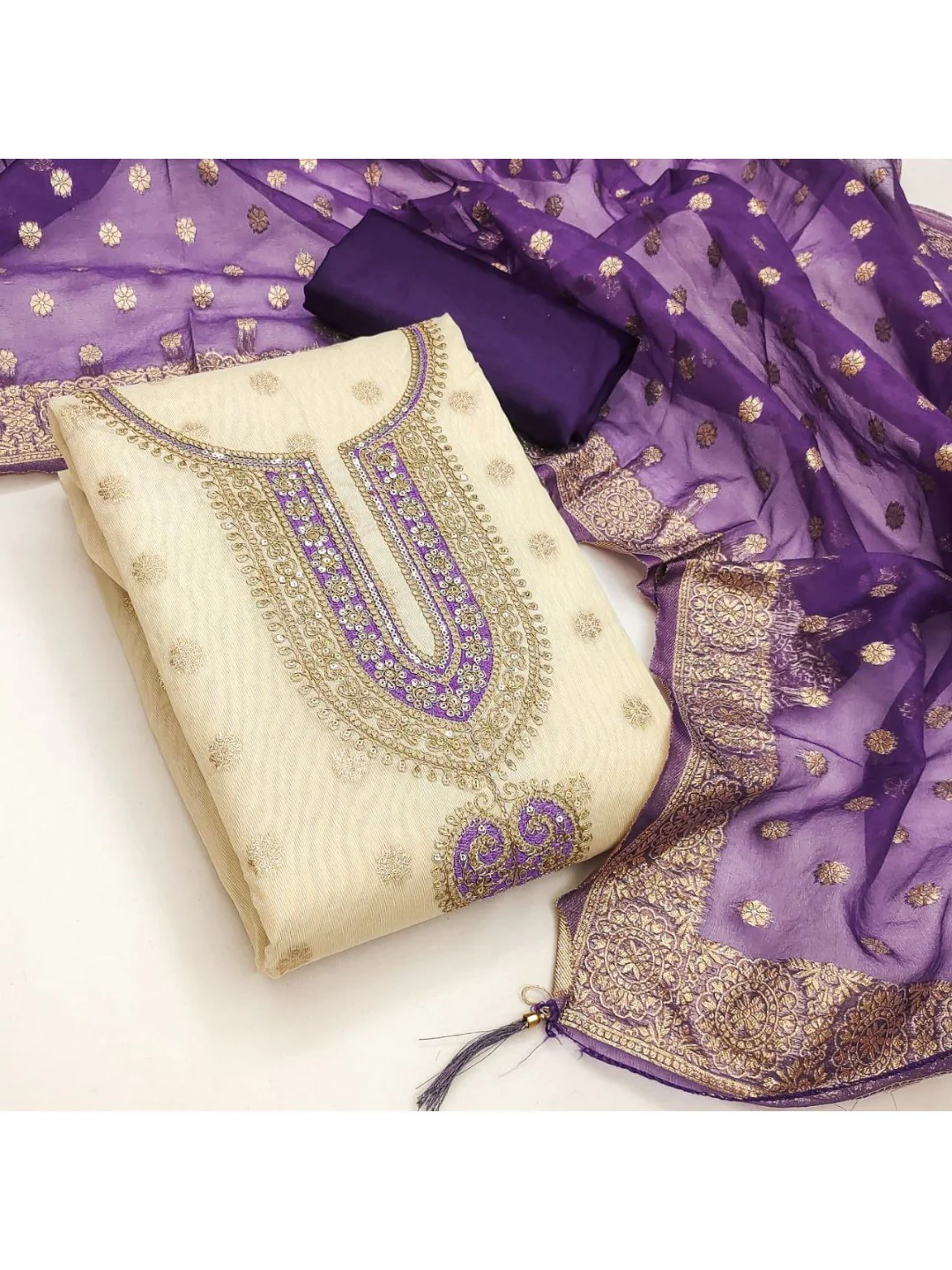 Cream & Purple Butti Weaving Shimmer Dress Material With Elegant Cording Embroidery Work On Neck - Image 3