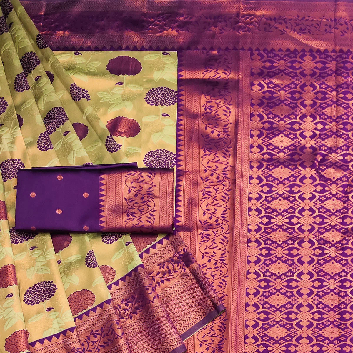 Cream & Purple Floral Zari Woven Cotton Silk Saree - Image 2