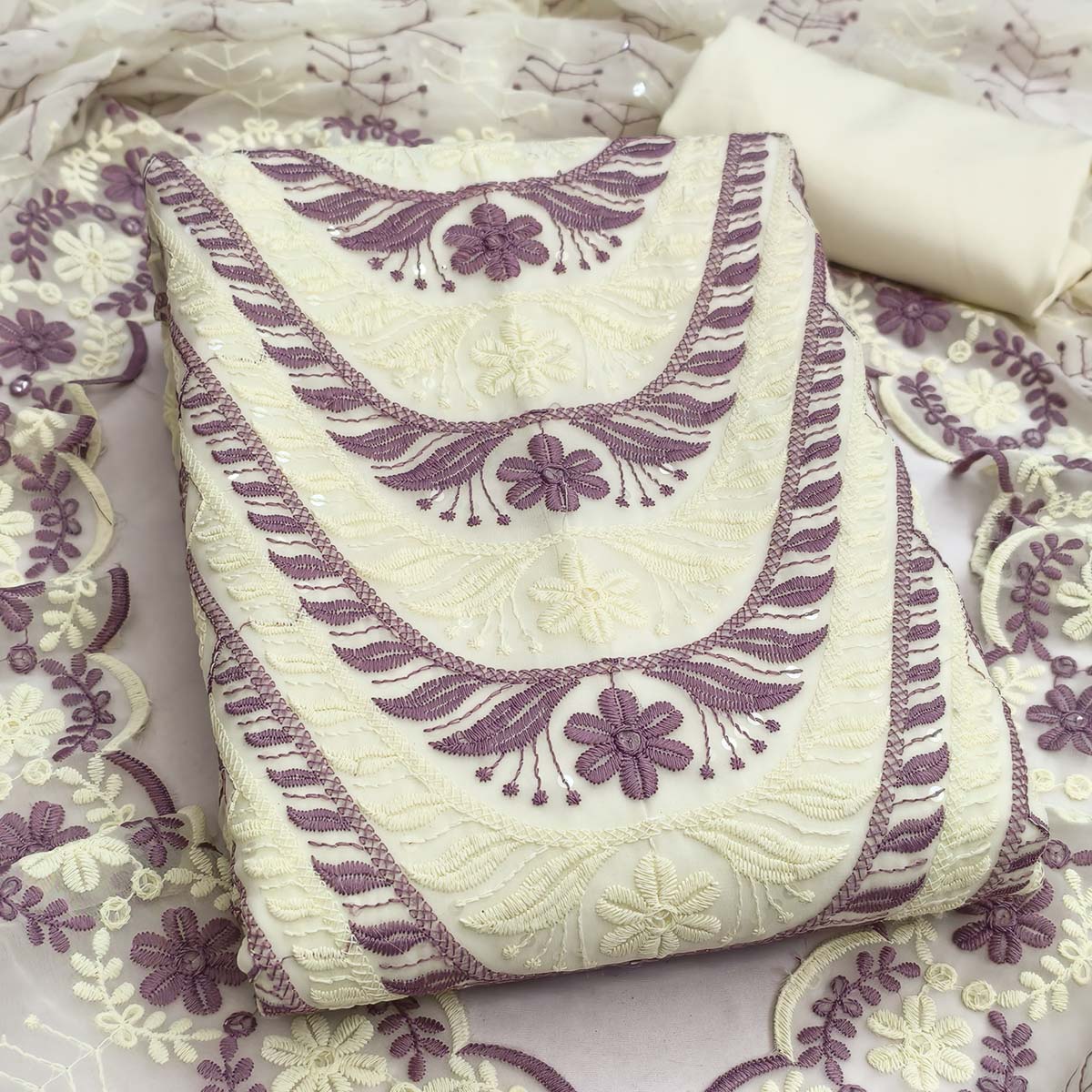 Cream & Purple Heavy Embroidered Georgette Dress Material Enhanced with Floral Resham Dupatta - Image 2