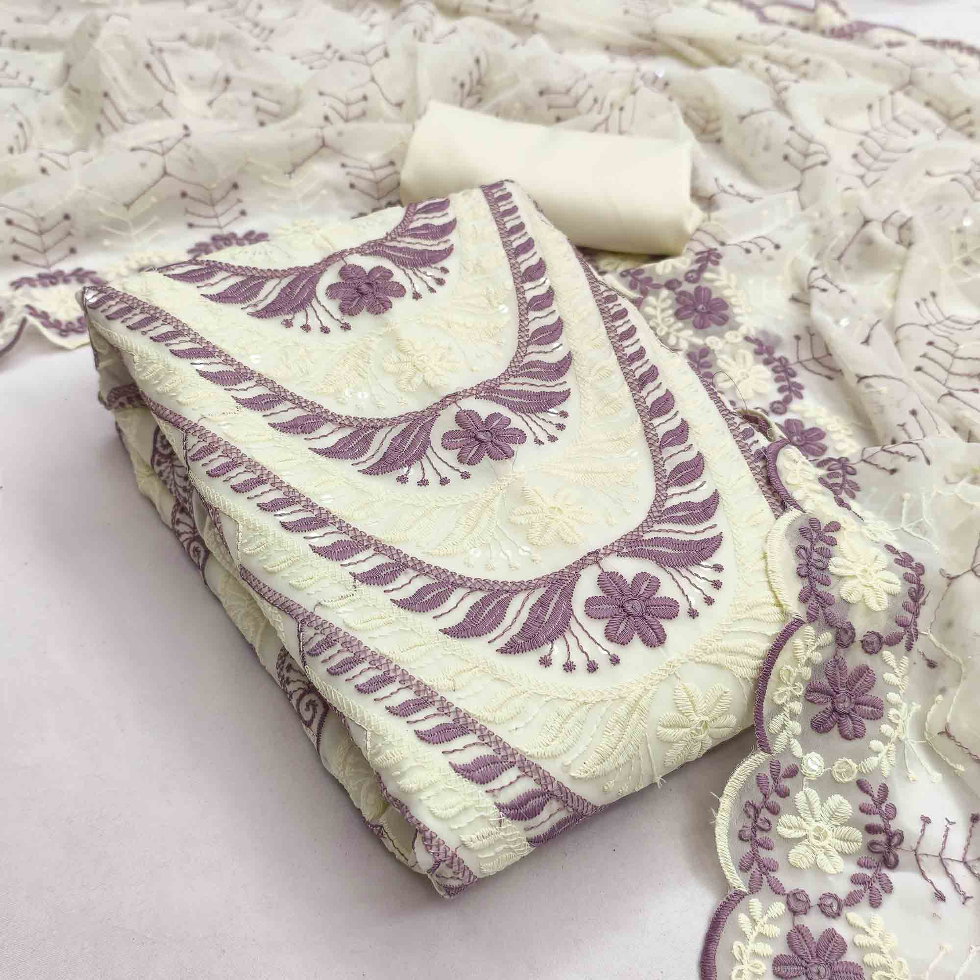 Cream & Purple Heavy Embroidered Georgette Dress Material Enhanced with Floral Resham Dupatta - Image 3