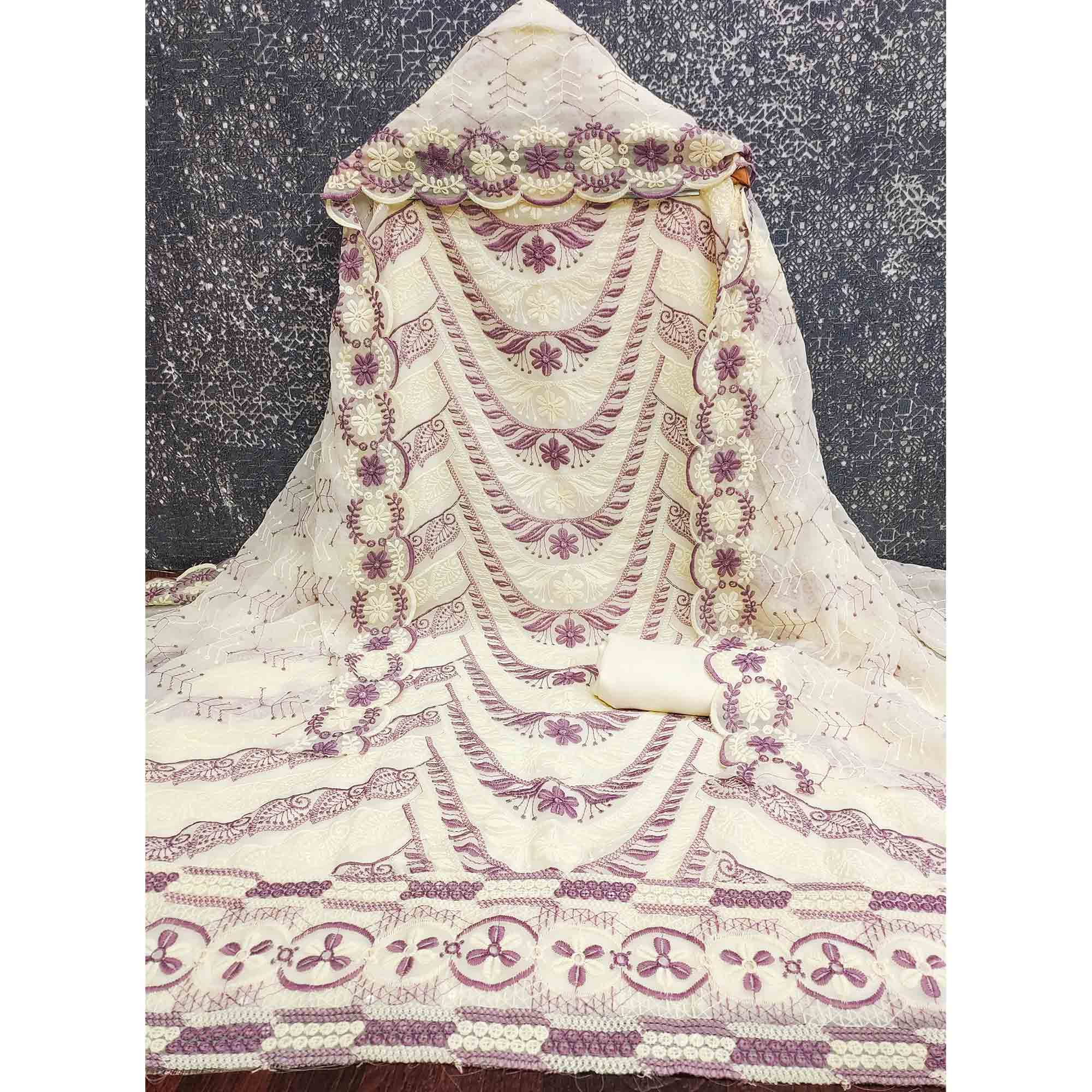 Cream & Purple Heavy Embroidered Georgette Dress Material Enhanced with Floral Resham Dupatta - Image 4