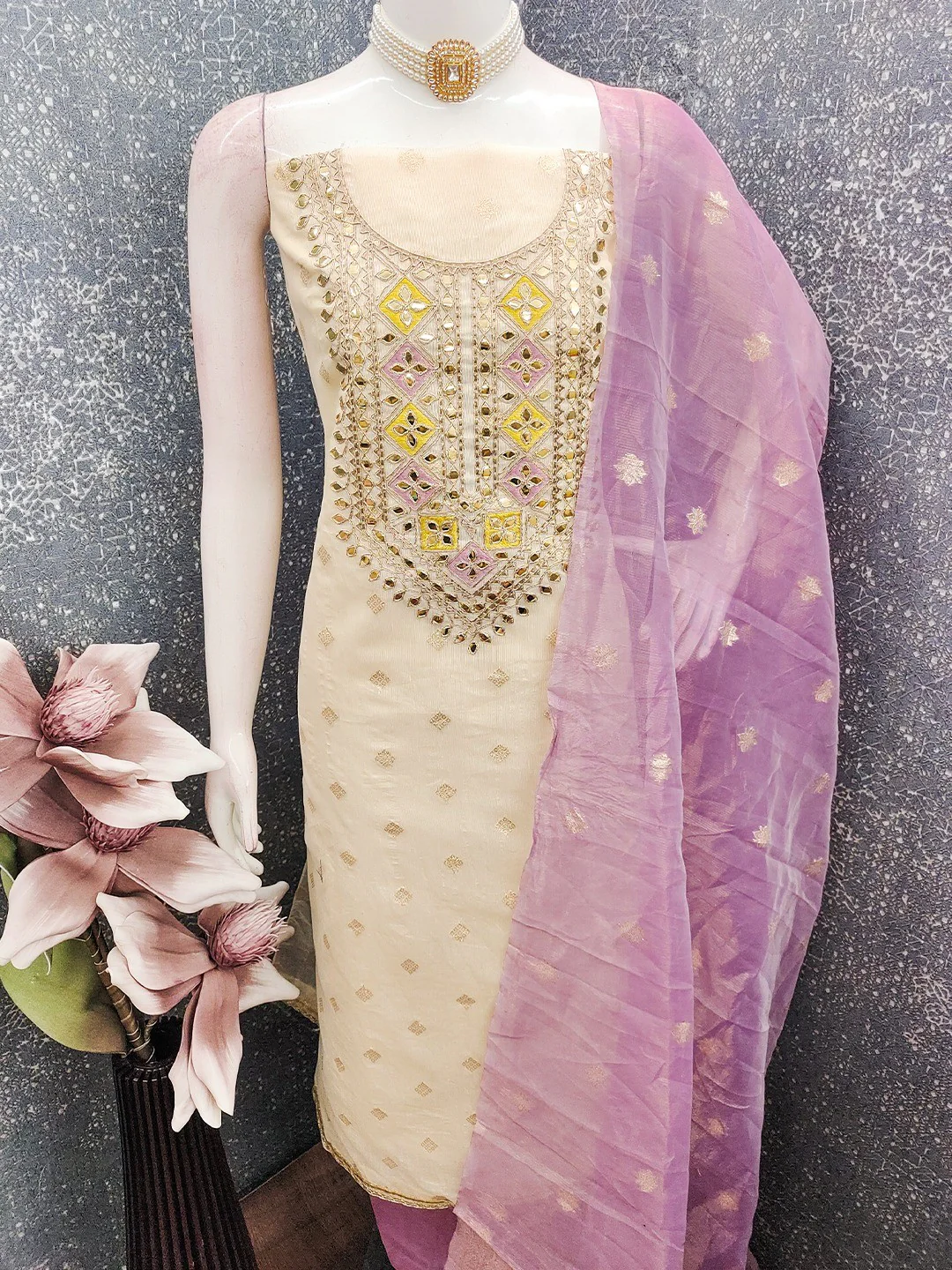 Cream & Purple Jacquard Dress Material Adorned with Classic Butti Weaving Work - Image 2