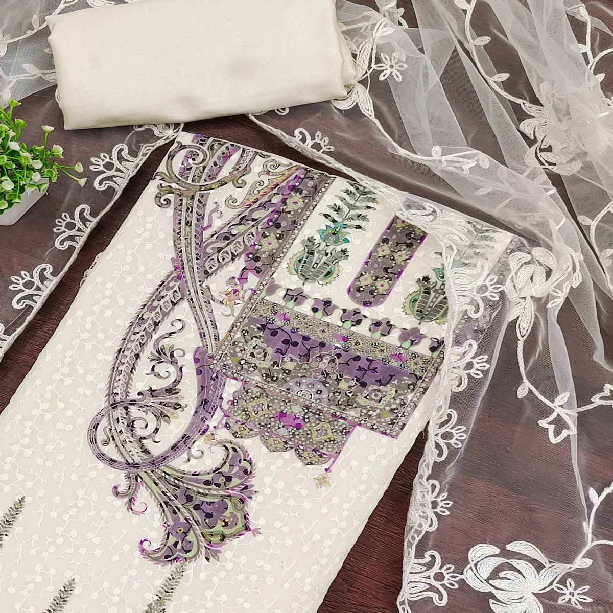 Cream & Purple Schiffli Embroidered Heavy Georgette Dress Material - Image 2