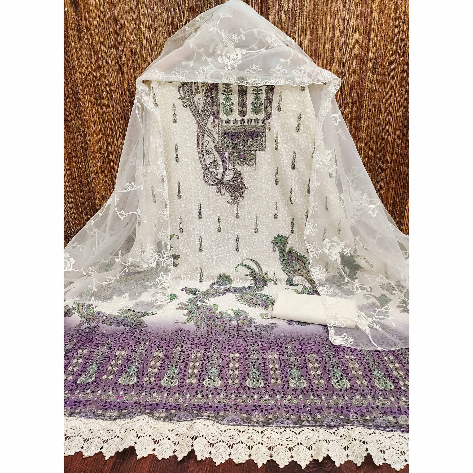 Cream & Purple Schiffli Embroidered Heavy Georgette Dress Material - Image 3