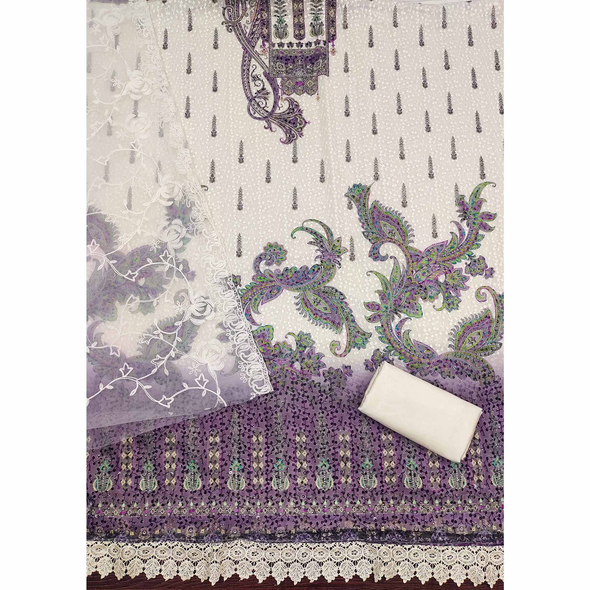 Cream & Purple Schiffli Embroidered Heavy Georgette Dress Material - Image 4