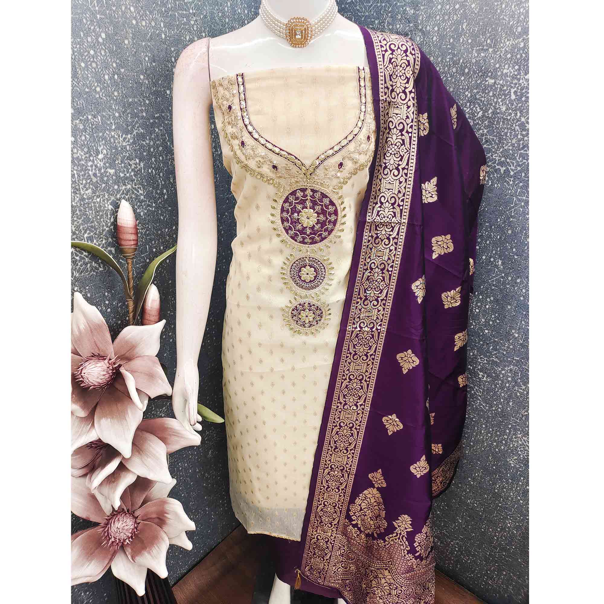 Cream & Purple Shimmer Dress Material Featuring Intricate Zari Weaving With Cording Embroidery - Image 6