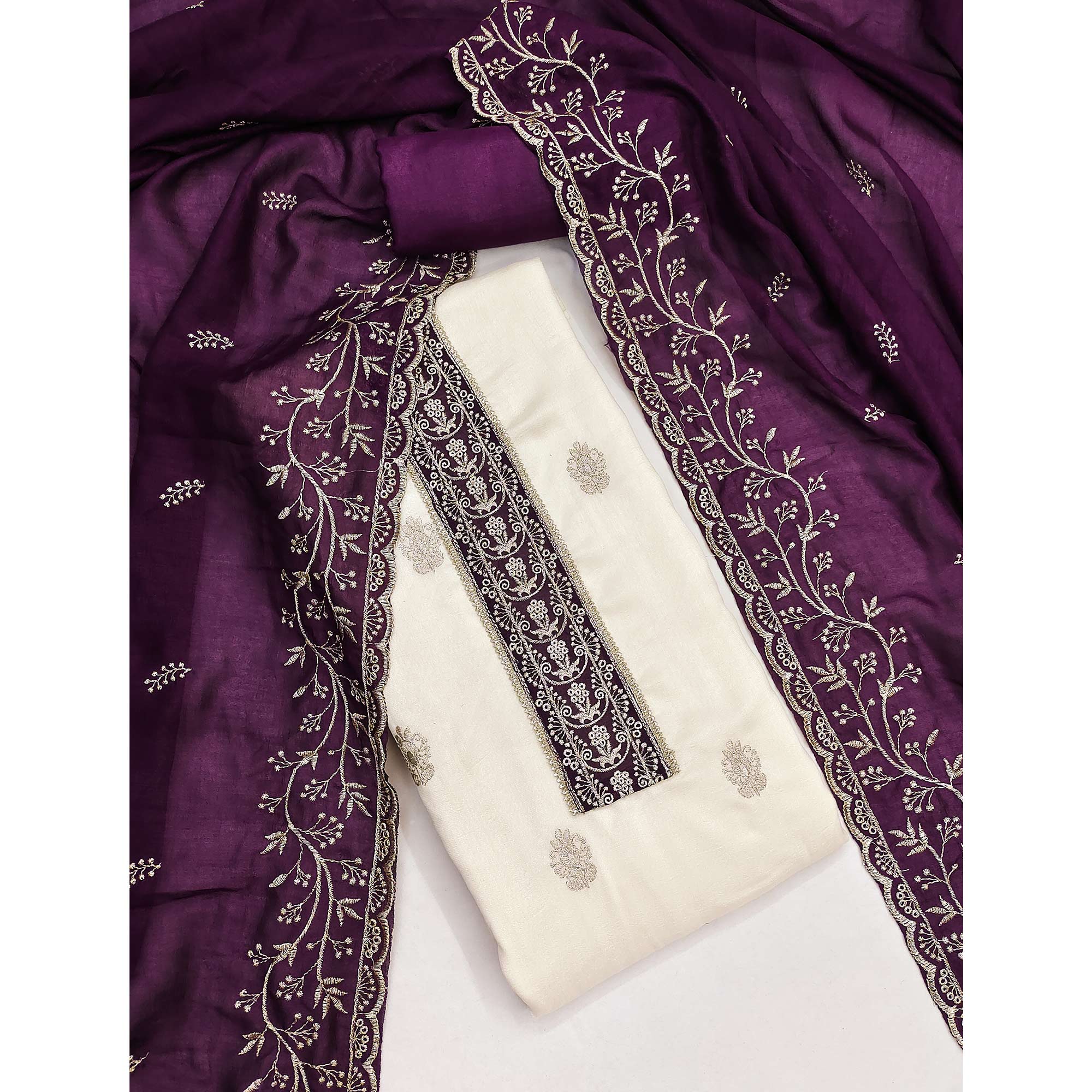 Cream & Purple Vichitra Silk Dress Material Featuring Intricate Floral Zari Embroidery - Image 3