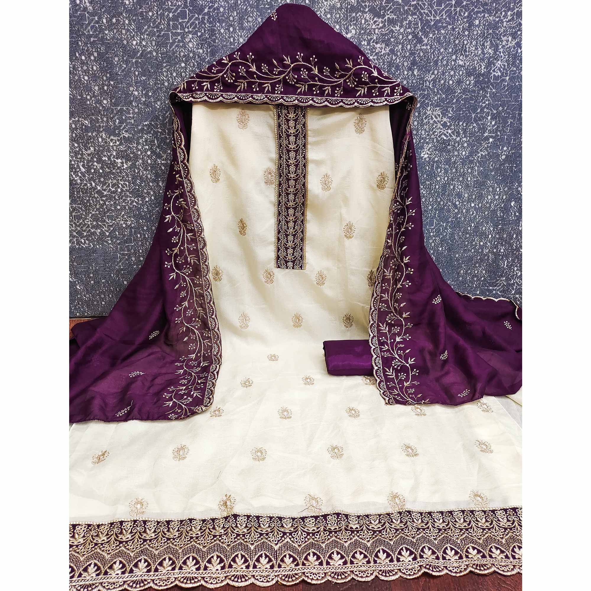 Cream & Purple Vichitra Silk Dress Material Featuring Intricate Floral Zari Embroidery - Image 4