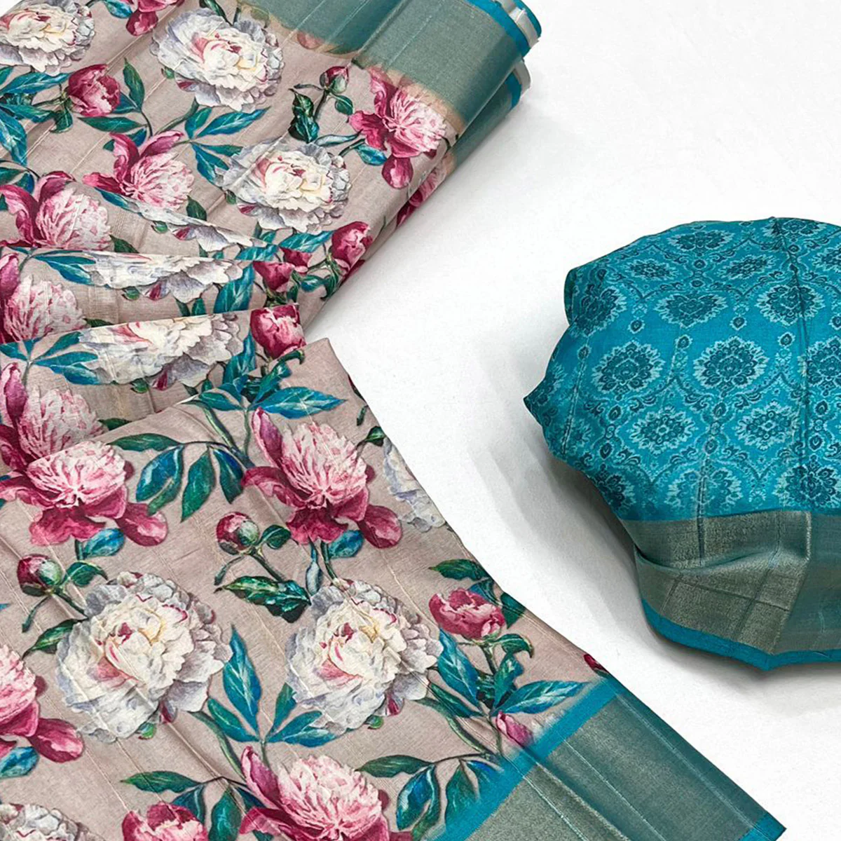 Cream & Rama Blue Floral Digital Printed Tussar Silk Saree - Image 2