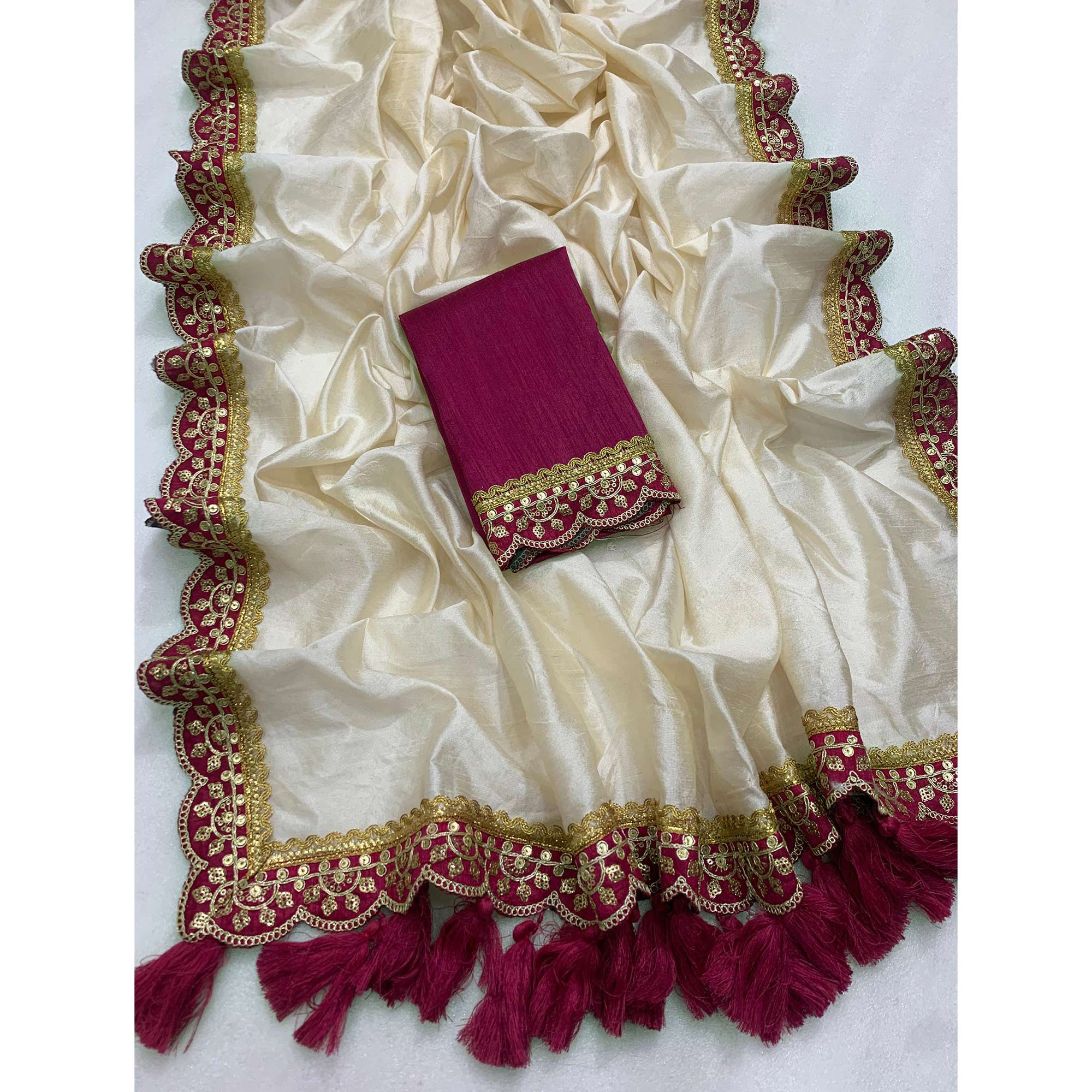 Cream & Rani Pink Solid Art Silk Saree With Sequins Embroidered Border - Image 3
