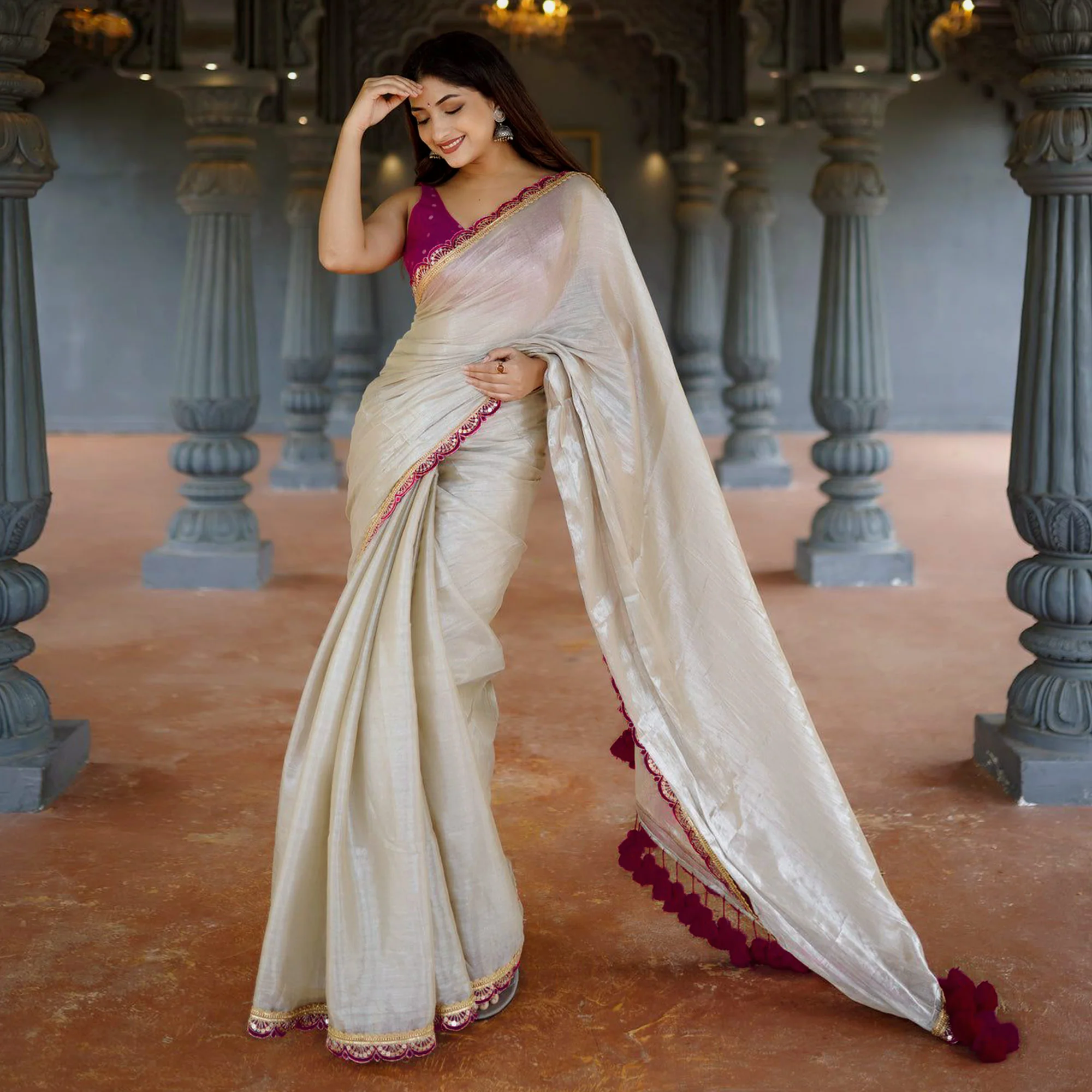 Cream & Rani Pink Solid Art Silk Saree With Sequins Embroidered Border - Image 5