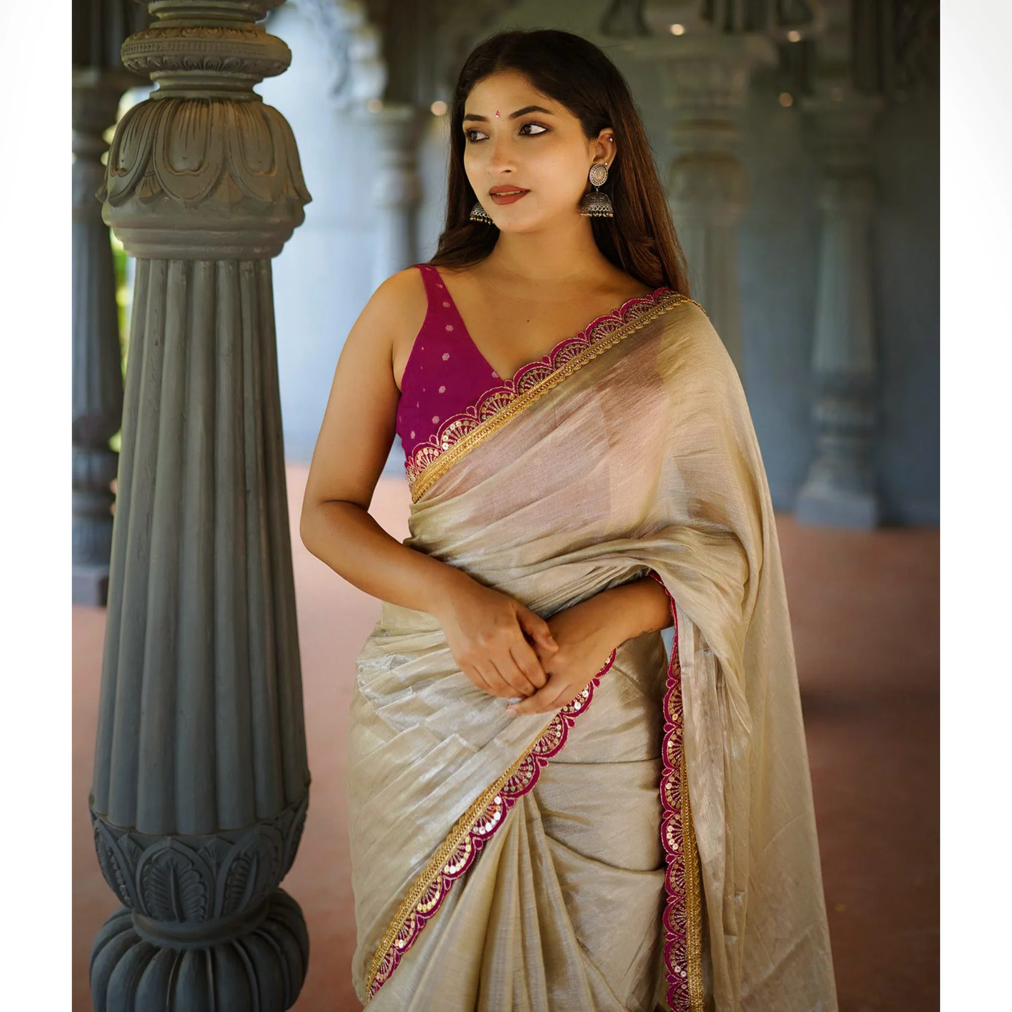 Cream & Rani Pink Solid Art Silk Saree With Sequins Embroidered Border - Image 6