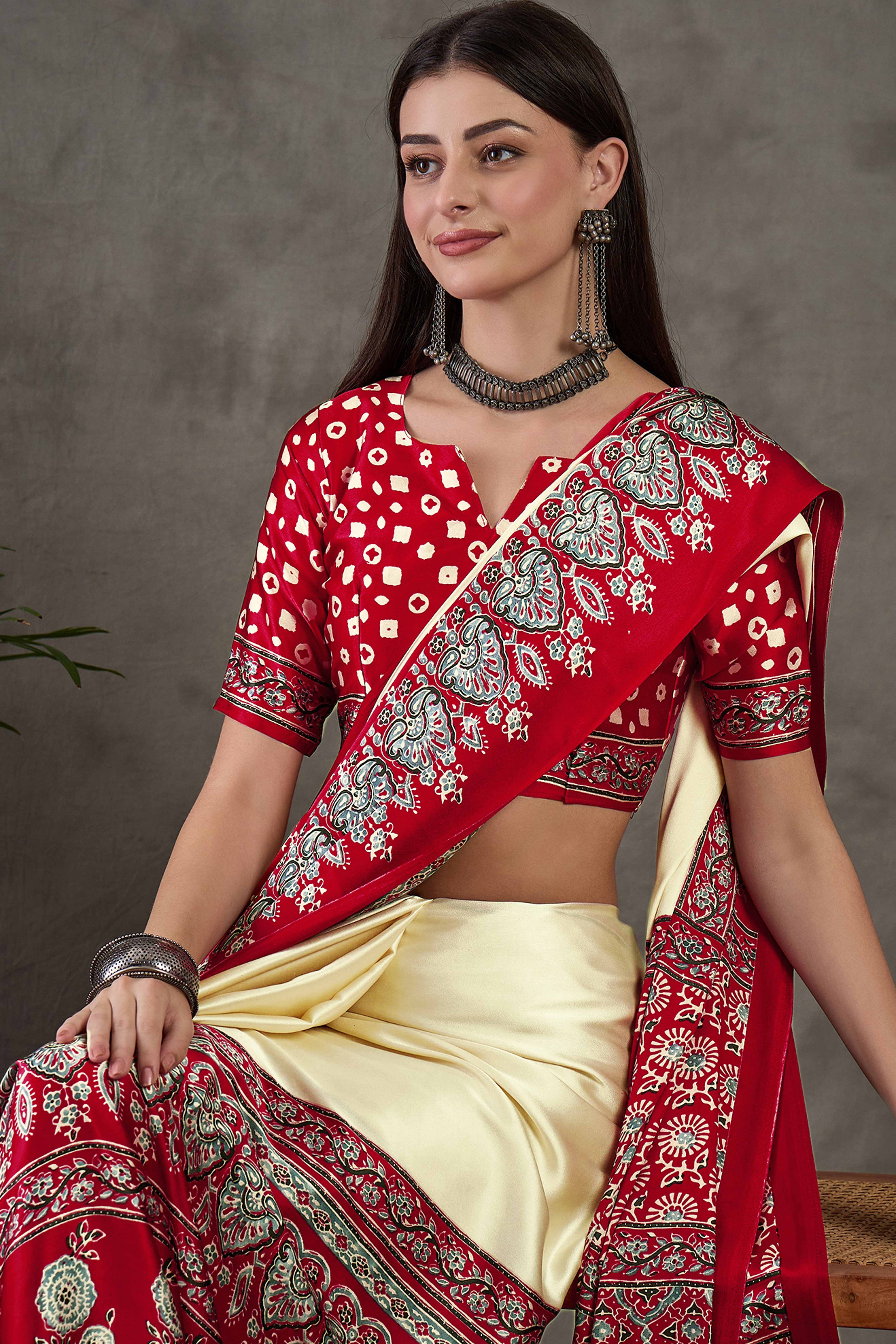 Cream & Red Ajrakh Printed Modal Satin Saree with Elegant Party Wear Appeal - Image 7