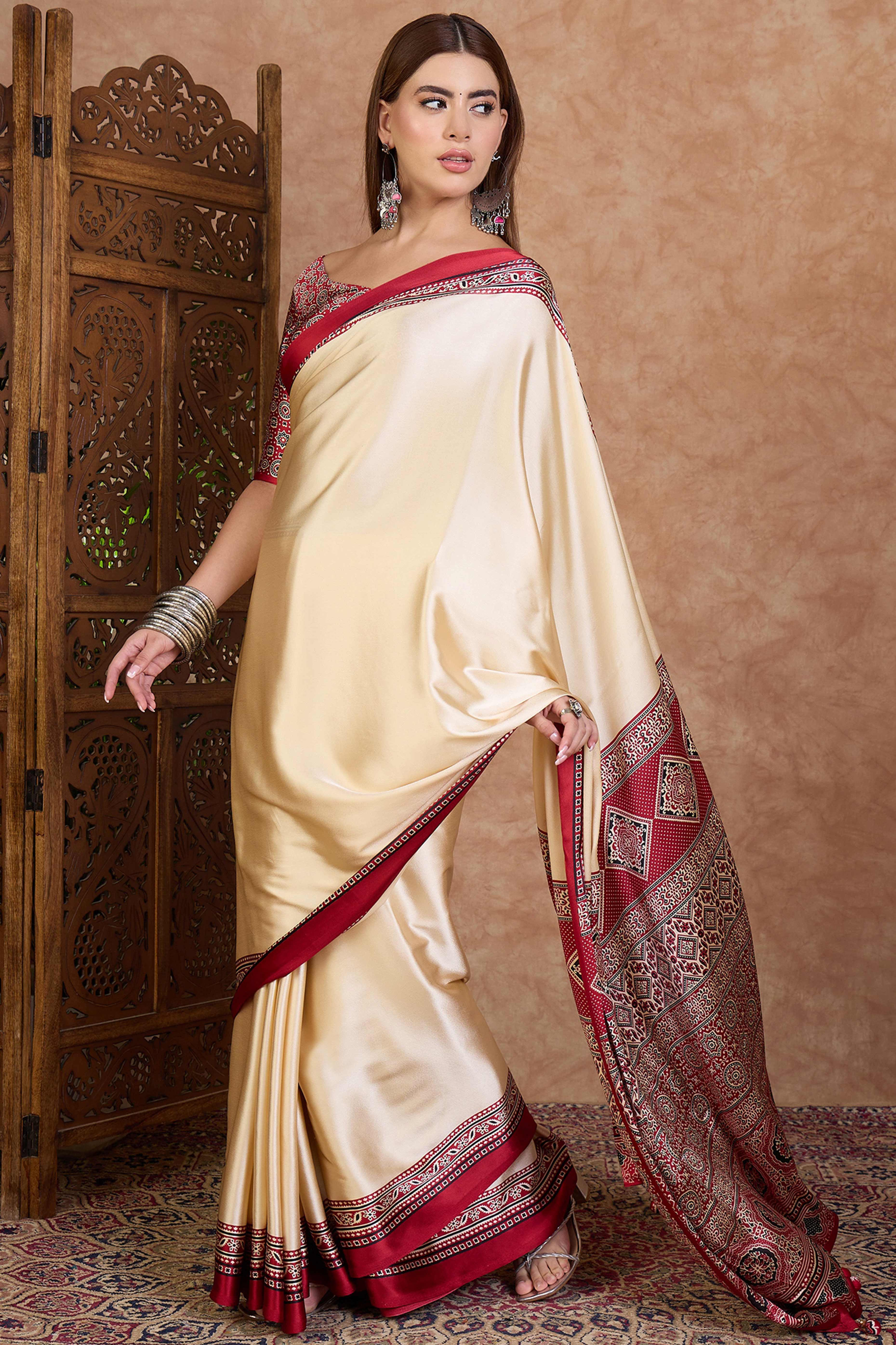 Cream & Red Modal Satin Saree Featuring a Solid Base and Artisanal Ajrakh Pallu - Image 3