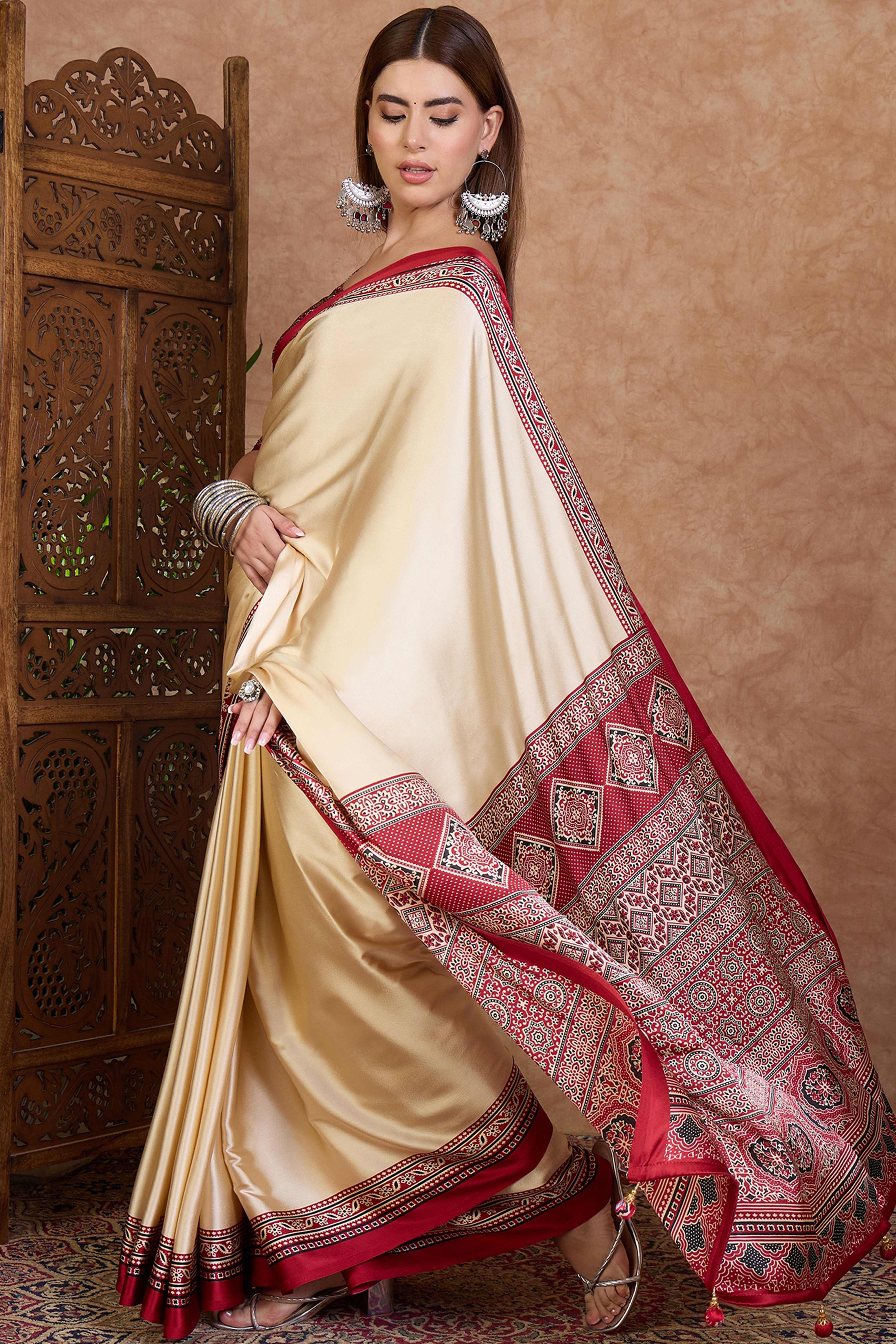 Cream & Red Modal Satin Saree Featuring a Solid Base and Artisanal Ajrakh Pallu - Image 4