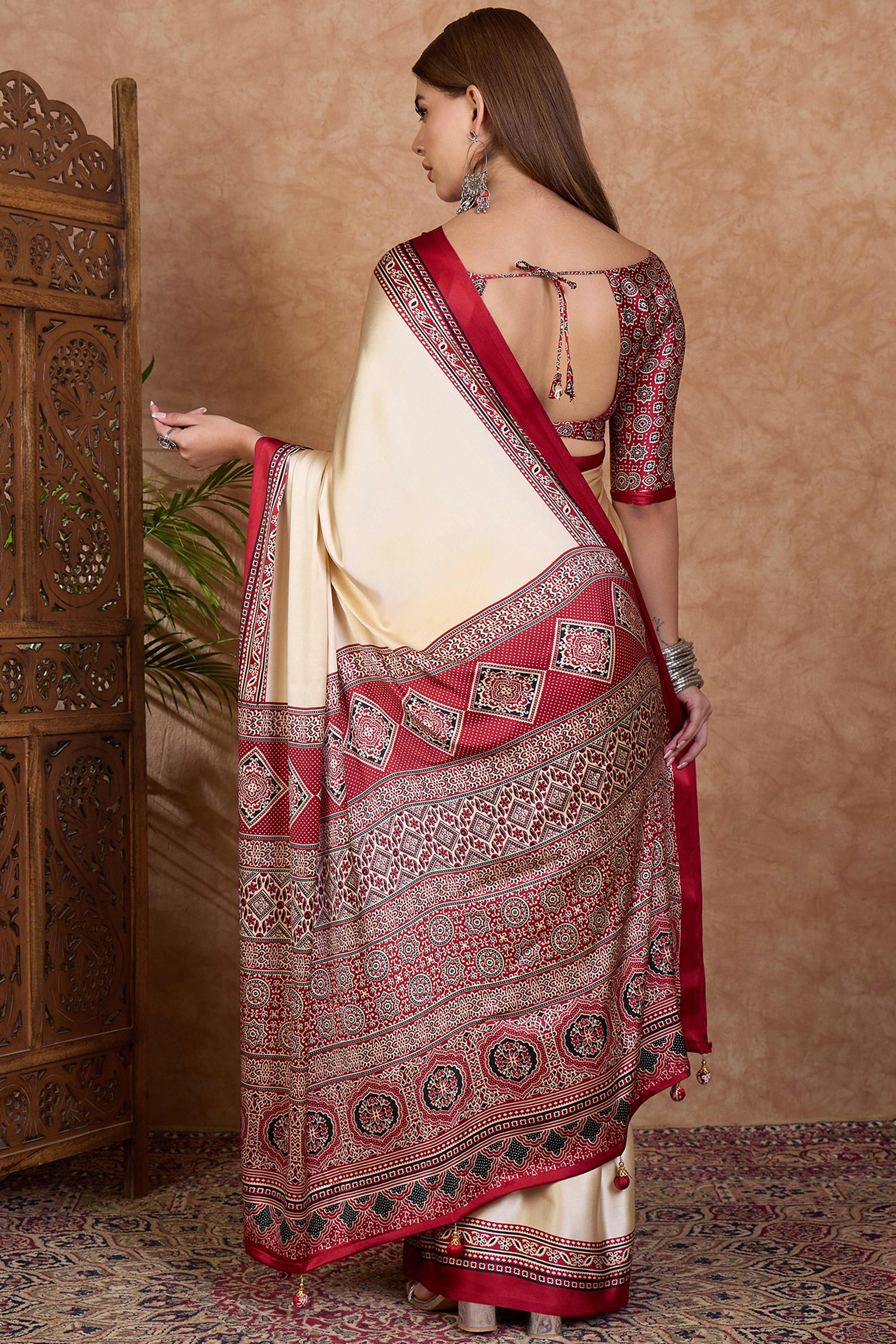 Cream & Red Modal Satin Saree Featuring a Solid Base and Artisanal Ajrakh Pallu - Image 5
