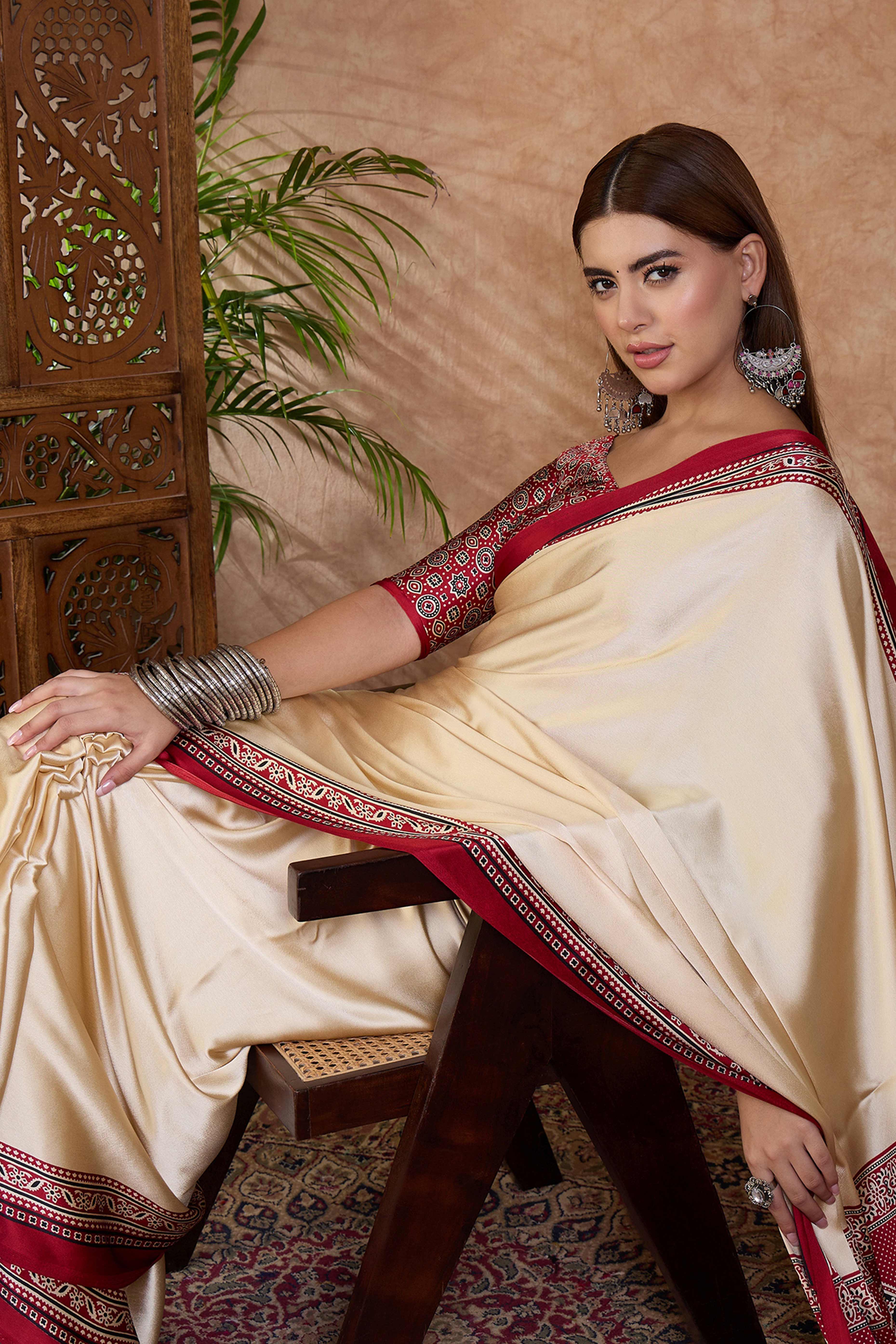 Cream & Red Modal Satin Saree Featuring a Solid Base and Artisanal Ajrakh Pallu - Image 6
