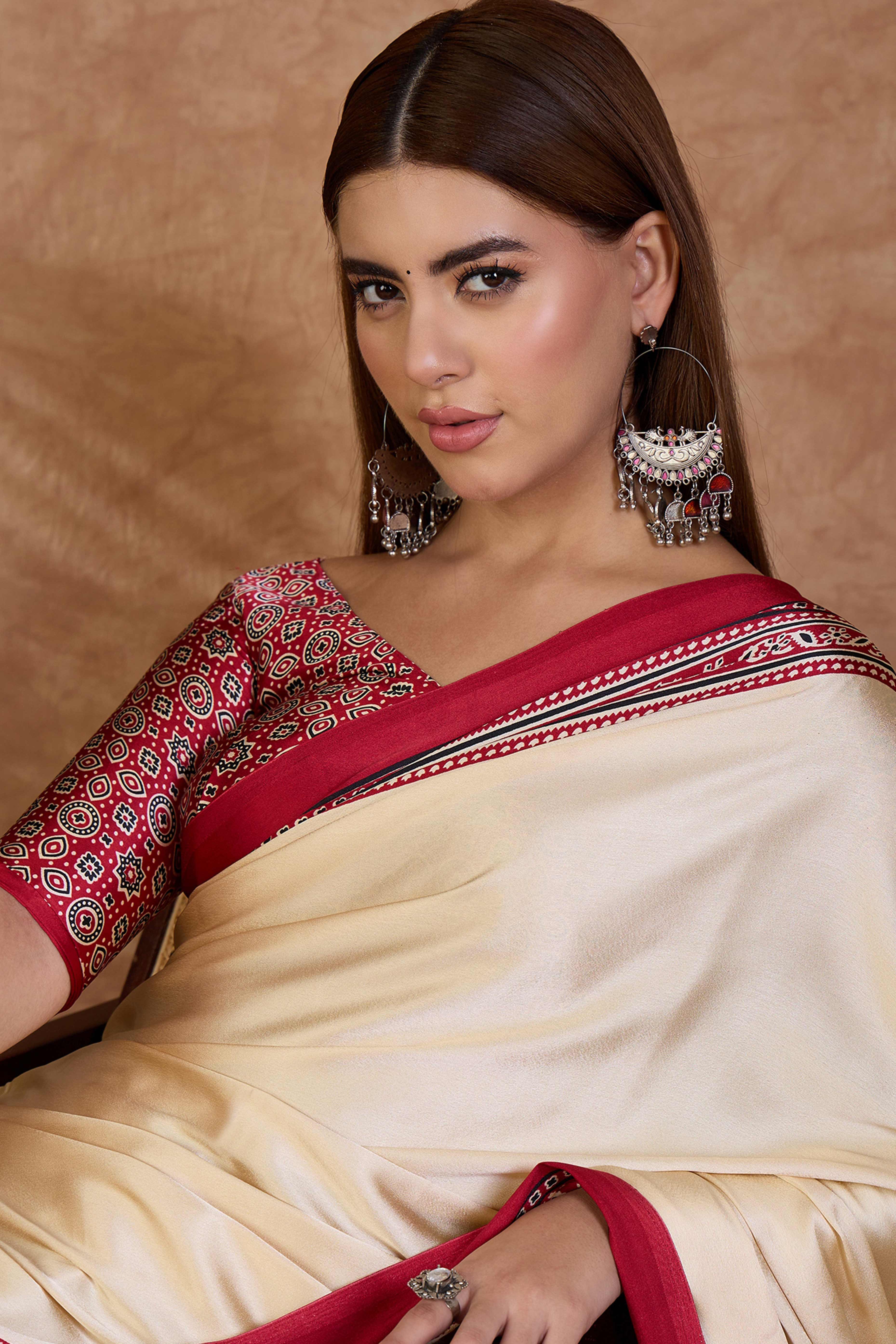 Cream & Red Modal Satin Saree Featuring a Solid Base and Artisanal Ajrakh Pallu - Image 7