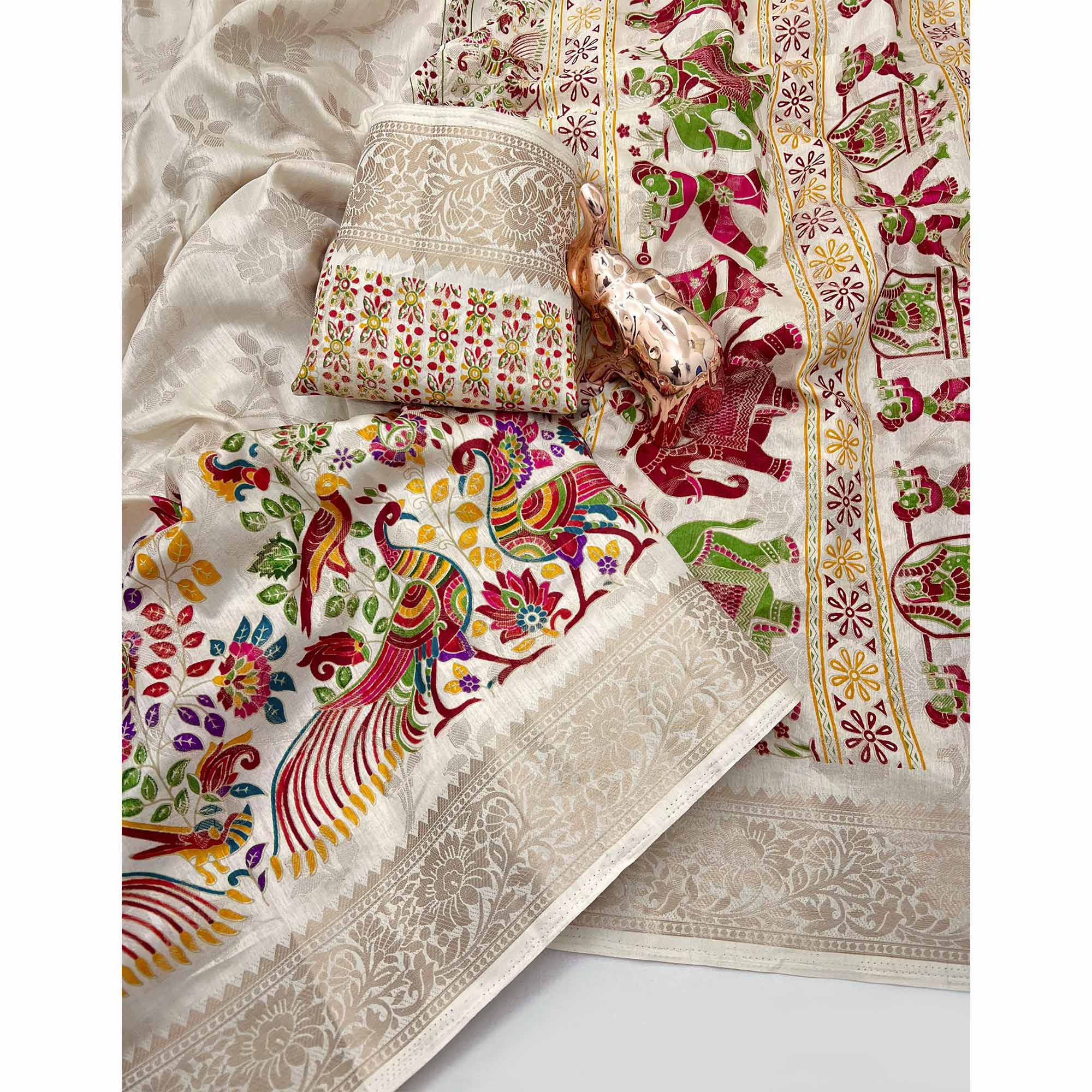 Cream Tussar Silk Jacquard Saree With Intricate Floral Zari Weaving & Tassel Border - Image 7