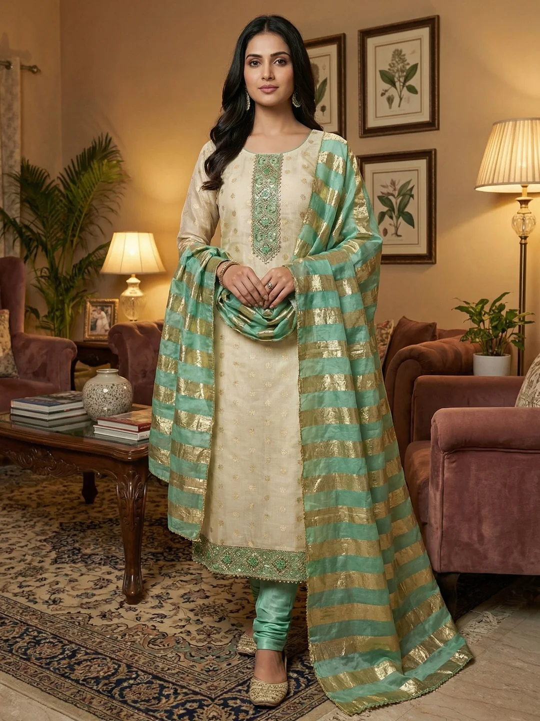 Cream & Sea Green Floral Weaving Shimmer Dress Material Adorned With Elegant Sequins Embroidery