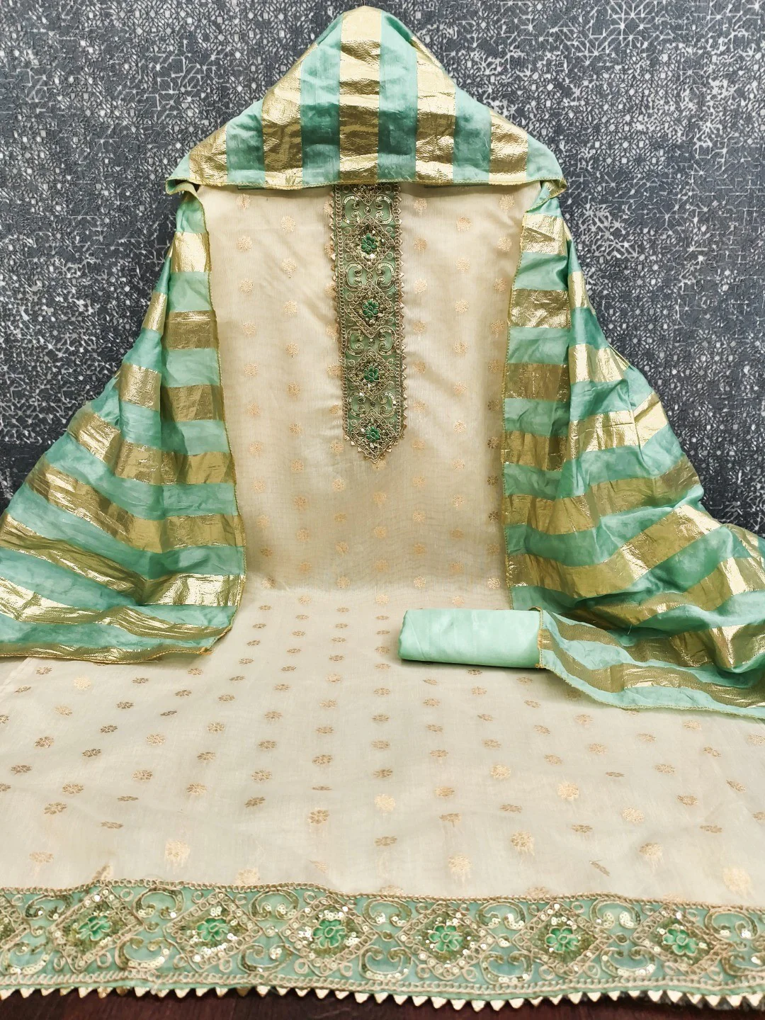Cream & Sea Green Floral Weaving Shimmer Dress Material Adorned With Elegant Sequins Embroidery - Image 5