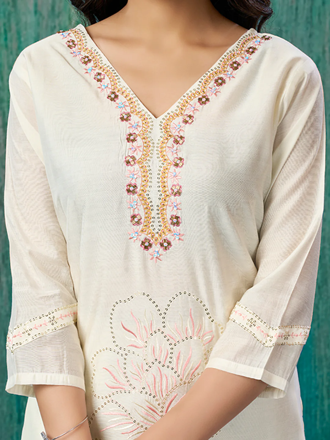 Cream Sequins Embroidered Chanderi Silk Straight Salwar Suit - Image 2