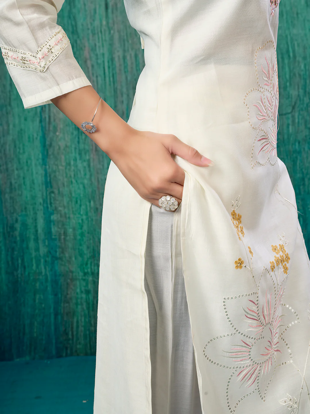 Cream Sequins Embroidered Chanderi Silk Straight Salwar Suit - Image 3
